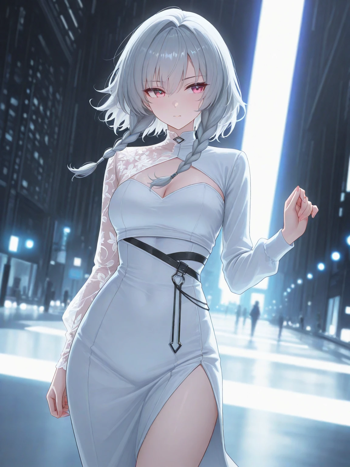 In 8K,Highest quality,The true picture,Intricate details,Ultra-high resolution,Depth Field,Masseter region,Natural soft light,Professional Lighting,One Girl,(cute:1.2),Very beautiful girl,fine grain,((Red eyes)),(Gray Hair),(Short-haired),(prohibit),Perfect Skin,Glowing Skin,White skin,Fine skin,Normal full breasts,((Perfect Anatomy,Nice hands,Perfect hands,Five fingers connected to the palm,Precise needles without discomfort)),完璧なnaked足,Delicate legs,Perfect proportions,sexy,I can see your chest,((naked)),Chano Leather Shoes,Lurking deep in the city,I can see your crotch,Both legs are bent,Spread your legs in an M shape,Thin thighs when viewed from the front
