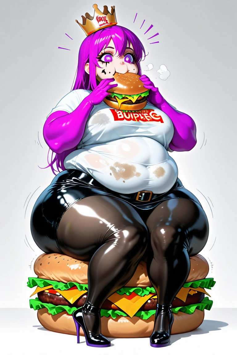 a anime drawing of a fat man with a whip in his  hand, thicc, full body portrait of , fullbody commission for, thicc build, commission for high res, thick black lineart, he , cel shaded!!!, oc commission, full body!, ((handsome)) mature man in a purple outfit and black boots, Frilly white skirt,  purple vest ((with Lotus motifs)), flaired dark purple sleeves ((wearing magical Girl inspired outfit)), Black hair styled in a single bun with a purple ribbon around it, full body close-up shot Single Subject!!, background (( a Pier with Lotuses in the water)) . Insanely obese!! (Giant,Fat, round, belly)), ,(( Giant double wide hips)), ((giant fat round butt), (( giant, round, fat thighs)) , Proportionally large and fat arms and Legs!!, Giant Fat breast, fat chubby cheeks, Fat face, multiple chins, , masterpiece!!, full body!! , Expression(angry, frowning) pose(stuffing food in mouth, legs Spread out ), Effects ( clothes ripping ,food stains, sweat)