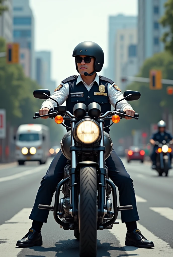 asian men, 49-years-old, police cap, necklace, muscle chub, trunks, exposes the penis, complete penis, riding motorcycle, dark woods background, Full Frame, Professional Lighting
