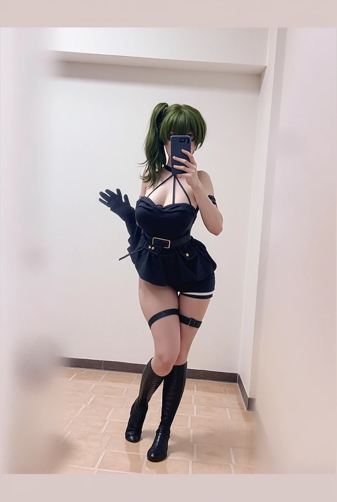 trembling_effect_climax, Xenovia_Quarta, black capelete, red pleated skirt, white collared shirt, black ribbon, blue hair, short hair, green hair streak, gold eyes, curvy figure, large breasts,
