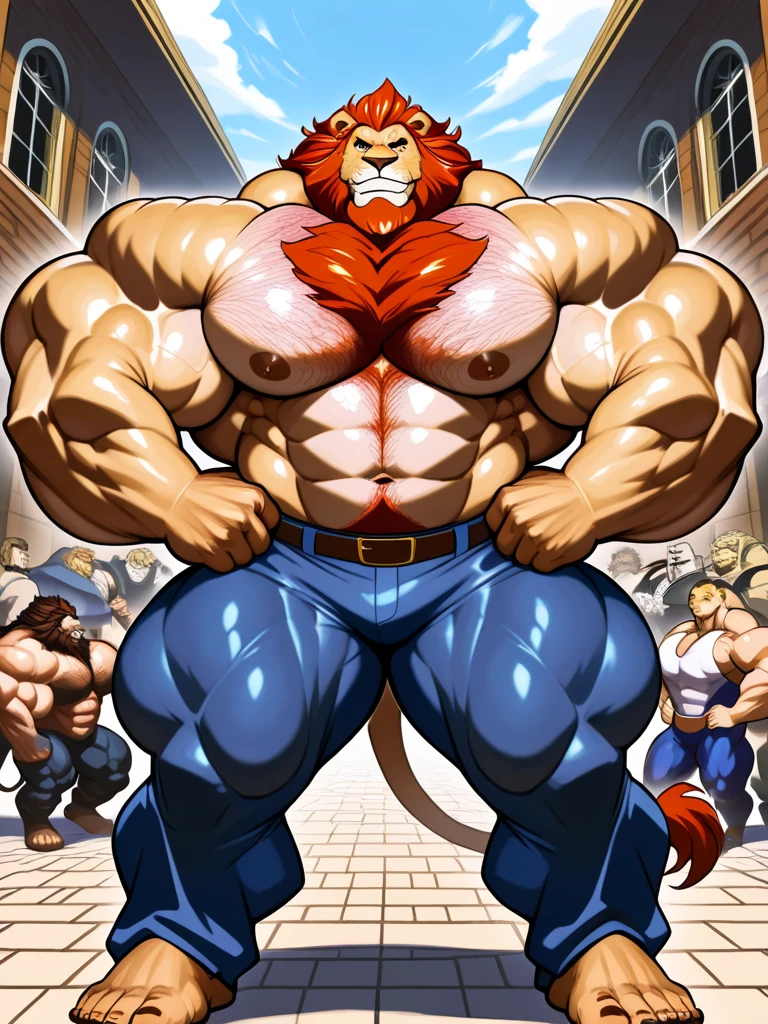 Solo, male, muscular, giant, enormous, buff, strong, Large mane hair, full body, massive biceps, massive pecs, flexing, Lion, big bulge, by darkgem, by mystikfox61, by glitter trap boy, alleyway,