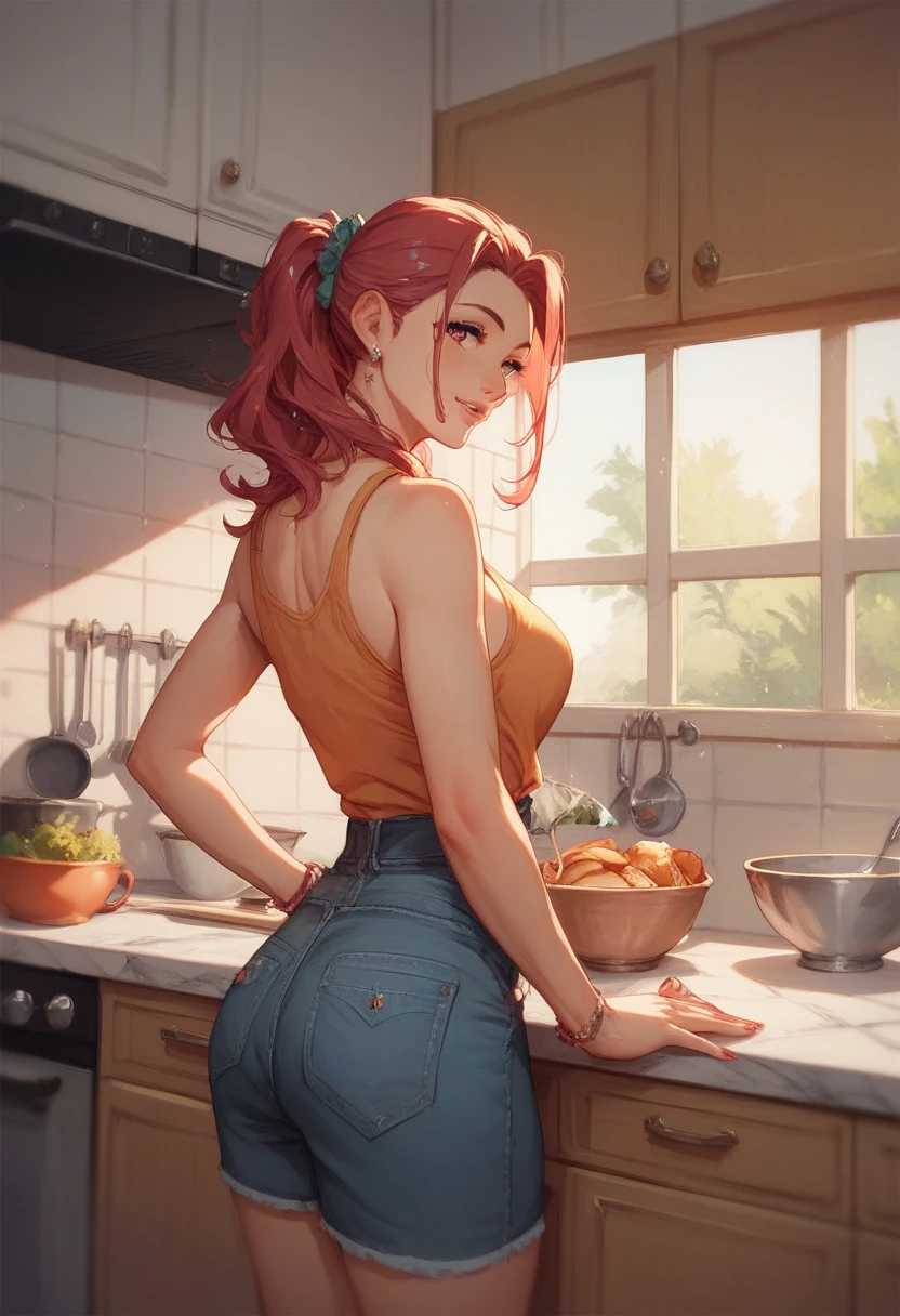 Trunks,adult,woman,back view,kitchen,flirty,Front camera view