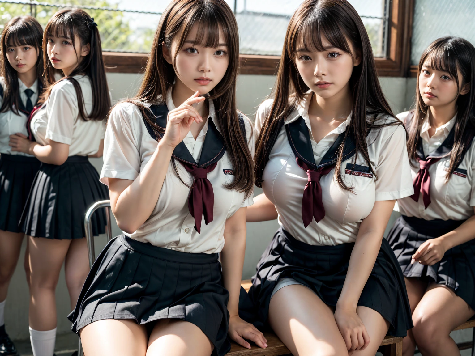 (RAW photo, 4k, masterpiece, high resolution, extremely complex) (realistic: 1.4), cinematic lighting
((2 girls, 2 schoolgirls)),Slam Dunk's,blushing,((innocent)),(Dark makeup),bright eyes,round eyes,blunt bangs,(straight hair:1.3),black hair,large breasts,wide hips,Summer Noon, 20 year old girl、cute type、lolita,Hot, (Best Quality), (Highres), (an Extremely Delicate and Beautiful),(Beautiful 8k face),(Brown eyes),short bob hair,( spectators),(gigantic breasts),(Play with each other,Touching each other's bodies,Touching the body),(Japanese high school uniform:1.3),blue skirt,(reality),bright lighting,(The background is a luxury hotel room)