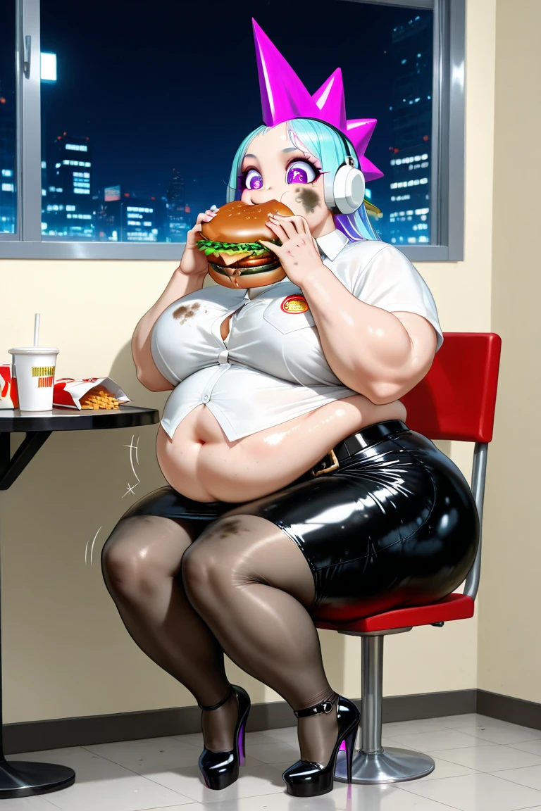 Billie Piper, masterpiece quality, realistic, lots of detail, in a McDonald's, in a busy fast food restaurant, topless, naked breasts, (naked breasts:1.5), naked body, (naked body:1.5), wearing choker collar, short hair, blonde hair, sexy pose, hamburgers and french fries on table, gigantic breasts, (gigantic breasts:1.3), sitting at table, fat belly, (fat belly:1.4), overweight, fat body, ssbbw, (ssbbw:1.4), lactating breasts, (lactating breasts:1.4),