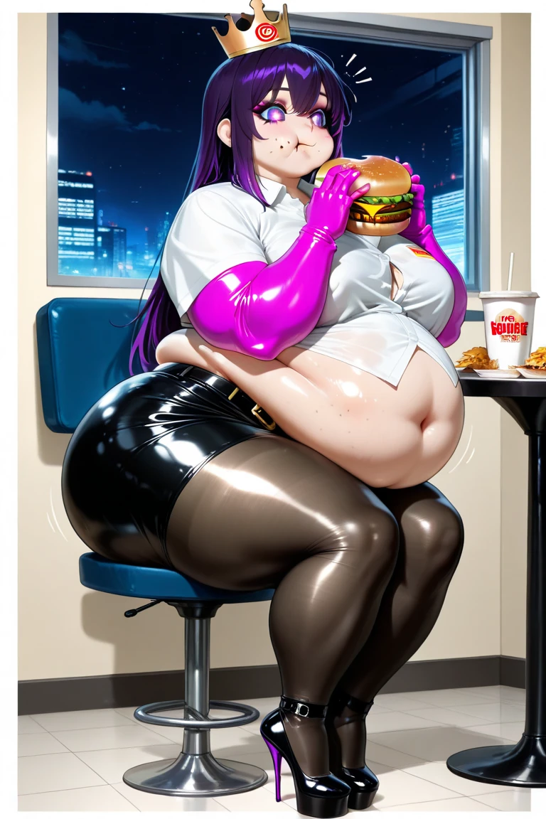 big belly, sitting, pregnant, fat, large stomach, fatty, fat, large belly, standing, fat belly, very fat, large stomach, chubby,very fat, safe for work, obese, giant belly, fat, huge, heavy, very fat, safe for work, fat, large belly, big belly, very fat, large stomach, chubby (best quality, masterpiece), Junko Enoshima, eating ice cream