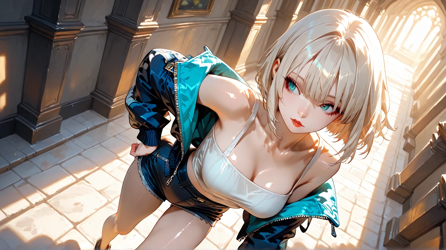 optimum,tmasterpiece,A high resolution,best qualtiy,hyper HD,super detailing,Award-Awarded,16k,solo,(The upper part of the body),anatomy correct,Beautiful cyberpunk girl,cute face,,Gradient Beige Hair,Hairline,((Scarlet eyes)),long eyelasher,Hanging eye corners,White skin of the,(small boobs),(Slim body),((College uniforms and short jackets)),(),ear studs,(neck rings),(Laser material clothing:1.2), camel toe, naked girl,