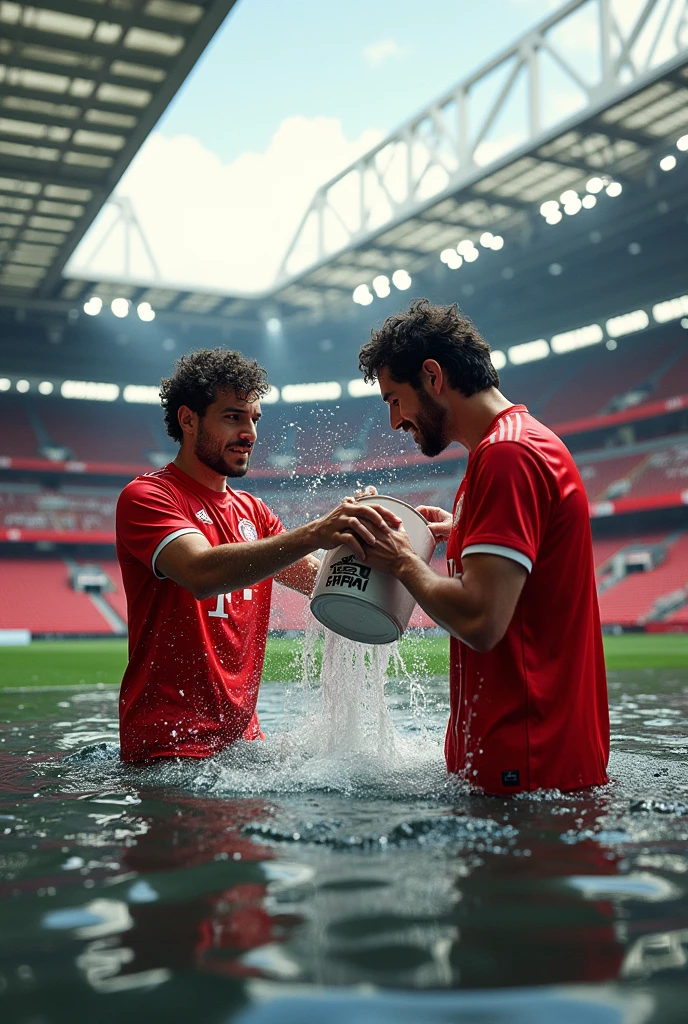 soaked twenty year old men wearing wet football jerseys with soaked hair wearing soaked uniforms. several men in soaked jereseys pour buckets of water over them. Wet shirts. Wetlook. Sensual. Kissing. Homosexual. Wet clothes. Wetlook. 