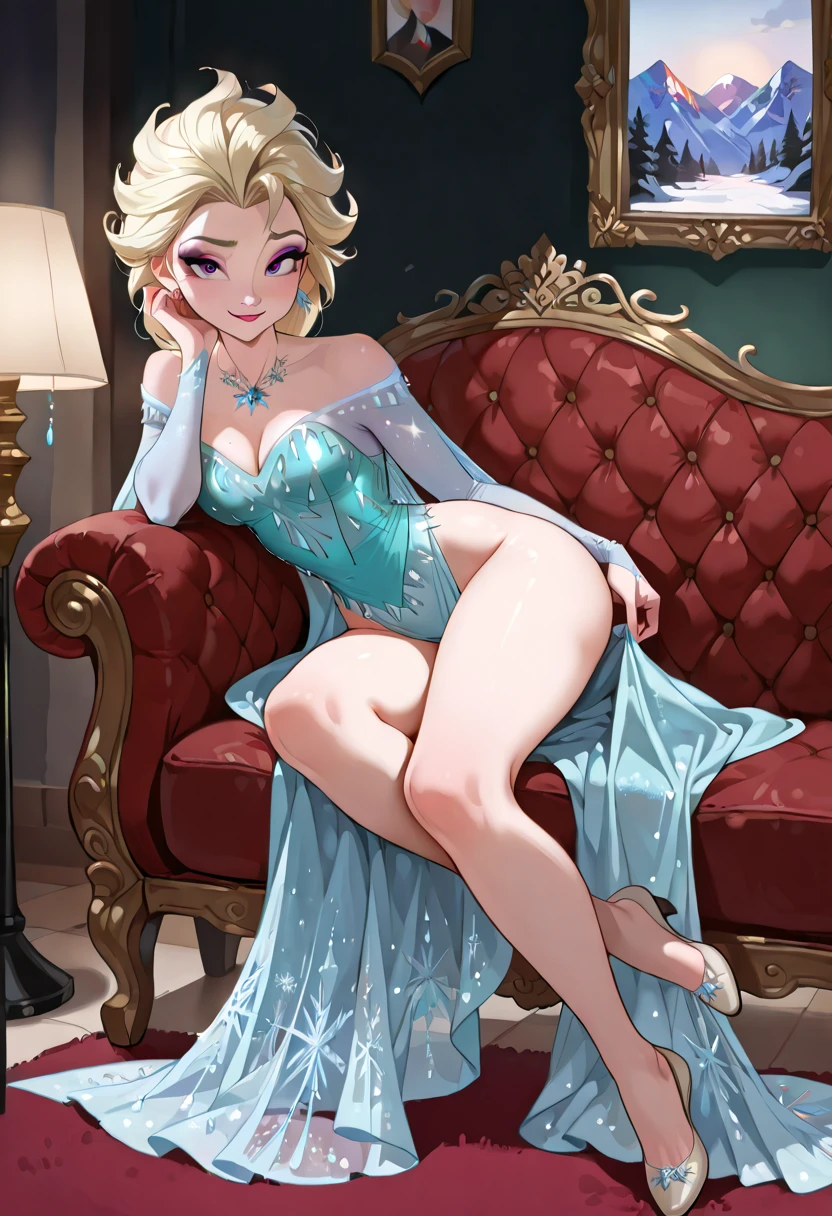 There is a woman naked, pornstar body, Appearance of Frozen Anna, captivating and enticing, hair blonde, gaping mouth, torn garments, seductive and powerful, laced lingerie, mistress, sexiness, ssmile, discount too big, frozen, seductive lady, League of Love, BDSM Sitting on the floo with your back to the camera, only blonde version