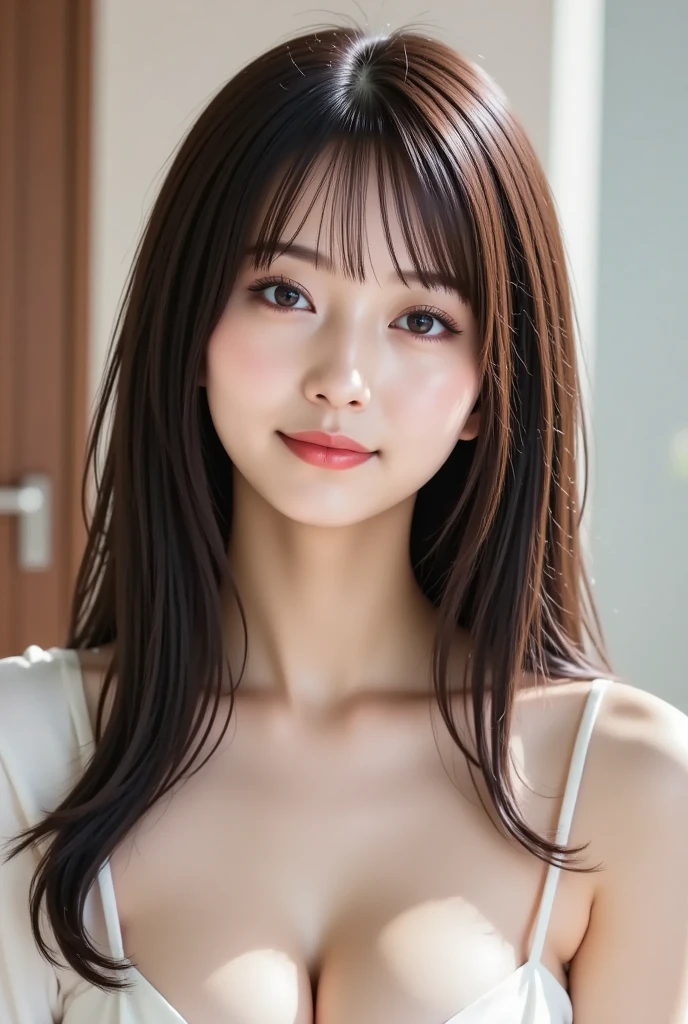 (Highest quality, 8K, masterpiece :1.3), One girl, Beautiful woman, Messy Hair, Asymmetrical bangs, Brown Hair, Huge breasts :1.2, Casual clothing :1.2, indoor, Highly detailed face, (actress), (Japanese Idols), 19, (professionally Portraiture photo:1.3), Portraiture. (Face shot), Simple Background