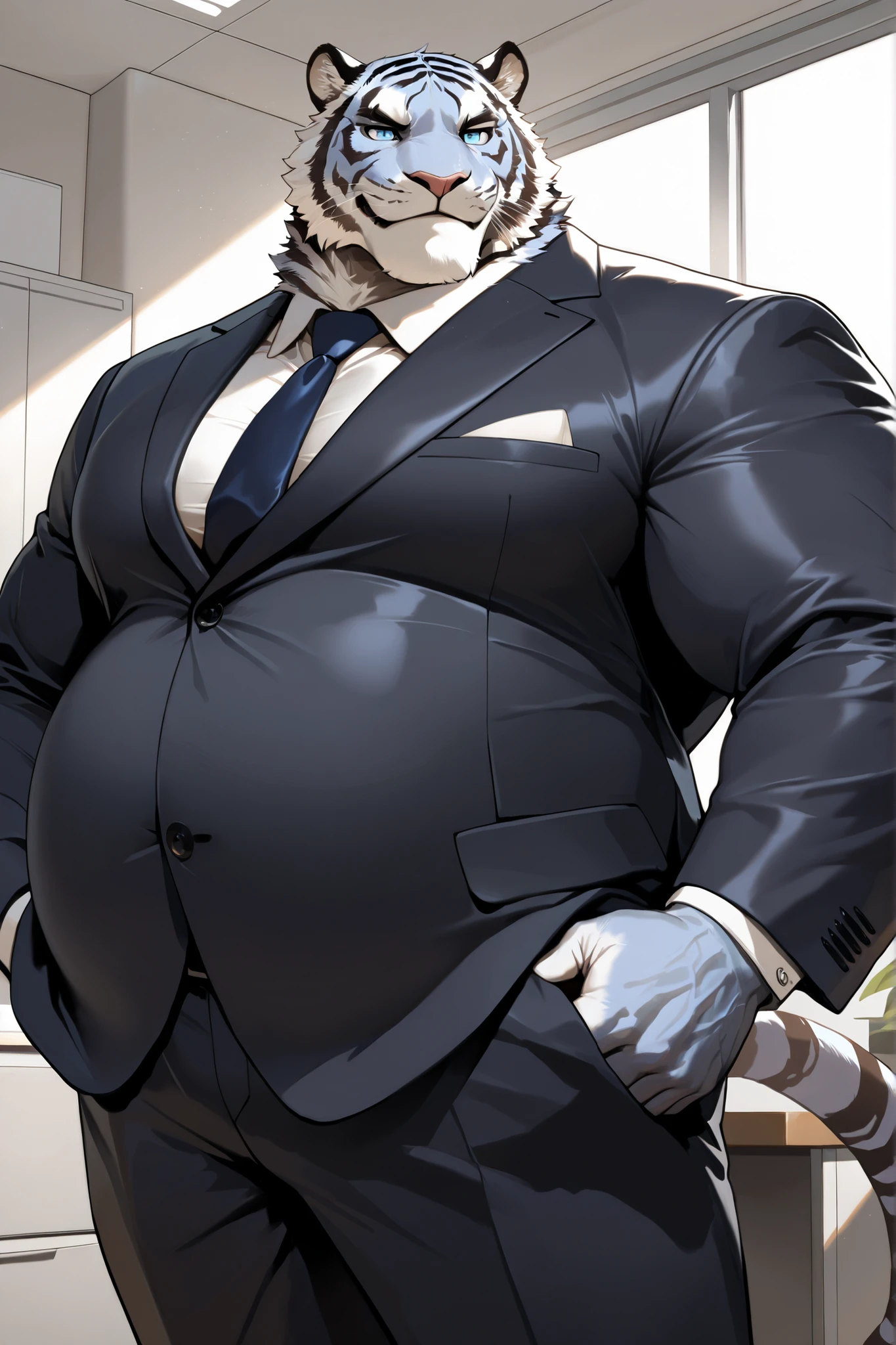 Author: bontiage, (1 boy), One, tiger, big bulge crotch, boner,pants, long sleeve plain shirt, necktie, Men's Second, kemono, hot body, muscle, Beautiful, sexual, Attractive guy, (Detailed black eyes), brows, (masterpiece, A high resolution, Best quality), 4K, a male, Beautiful shadow, looking at viewer, red cheek