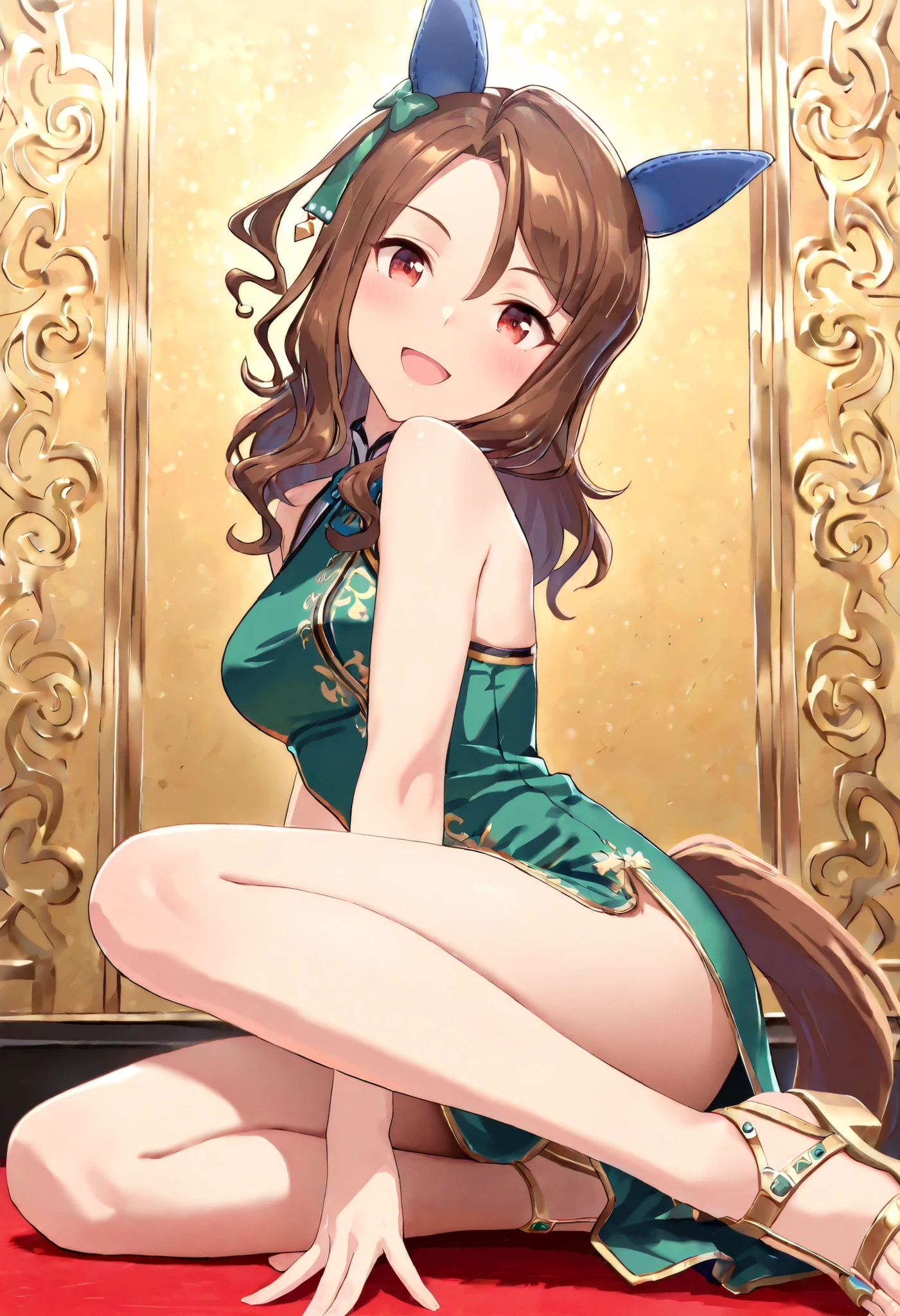 (masterpiece, best quality, perfect face:1.4), wide angle, king halo \(umamusume\), 1girl, horse ears, ear cover, ear ornament, horse tail, tail on the lower back, proportional body, proportional,1 girl, beautiful hair, beautiful face, beautiful detailed eyes, beautiful clavicle, beautiful body, beautiful chest, beautiful thigh, beautiful legs, beautiful fingers, looking at viewer, BREAK, wearing green Chinese dress with gold embroidery, slit, high sandals, background crimson and gold Chinese style pattern, BREAK, blush happy smile (open mouth), textured skin, realistic skin, HDR, BREAK, good hands,