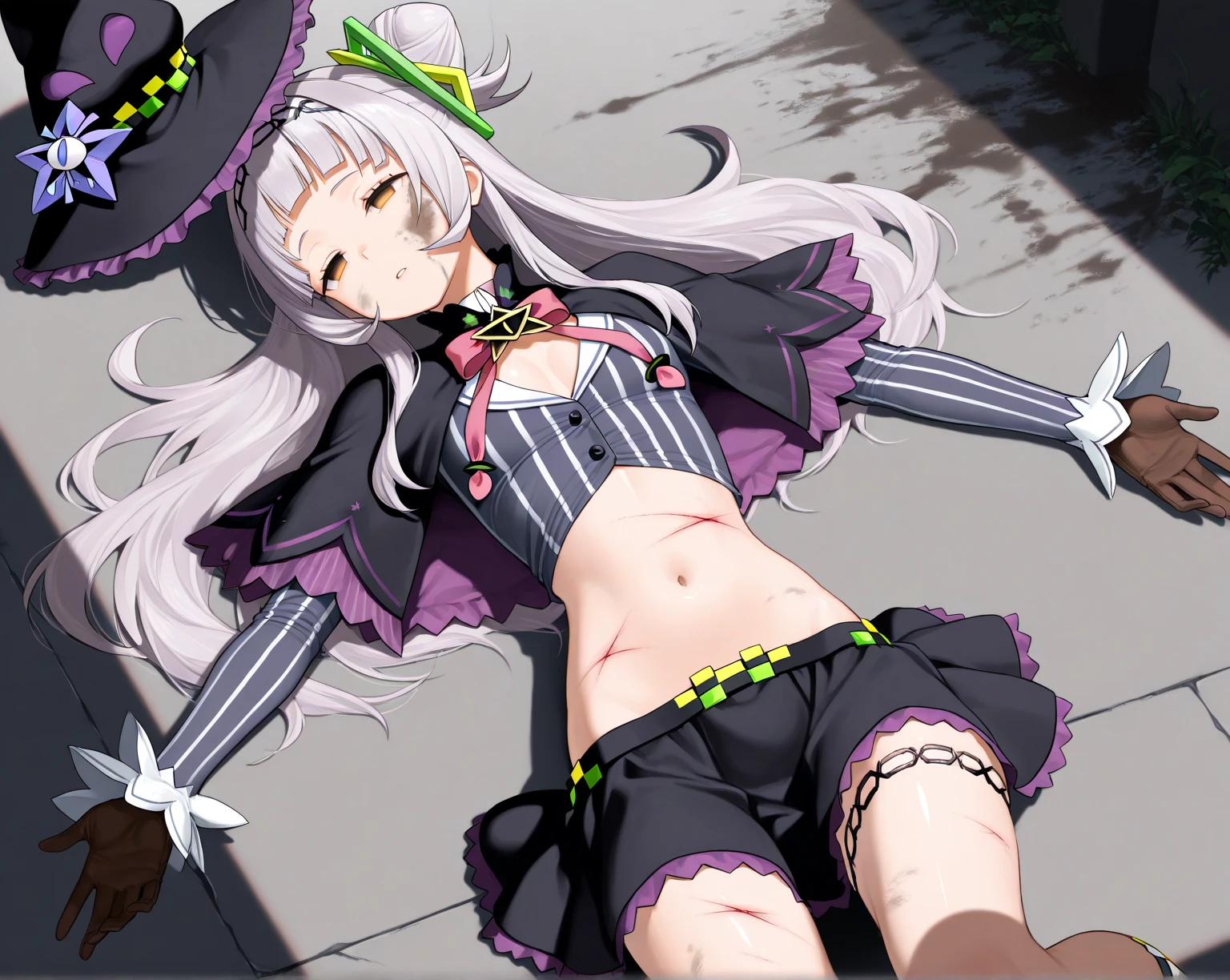 Highest quality, masterpiece,White Hair, Purple Eyes, Purple kimono, Exposing shoulders, ,Fair skin, Long Hair, Long Bangs, Small breasts, Confused eyes, snow, sexy, Cemetery, Cross Grave, jitome, Leg lift, stretching, half closed eyes, Off Shoulder
