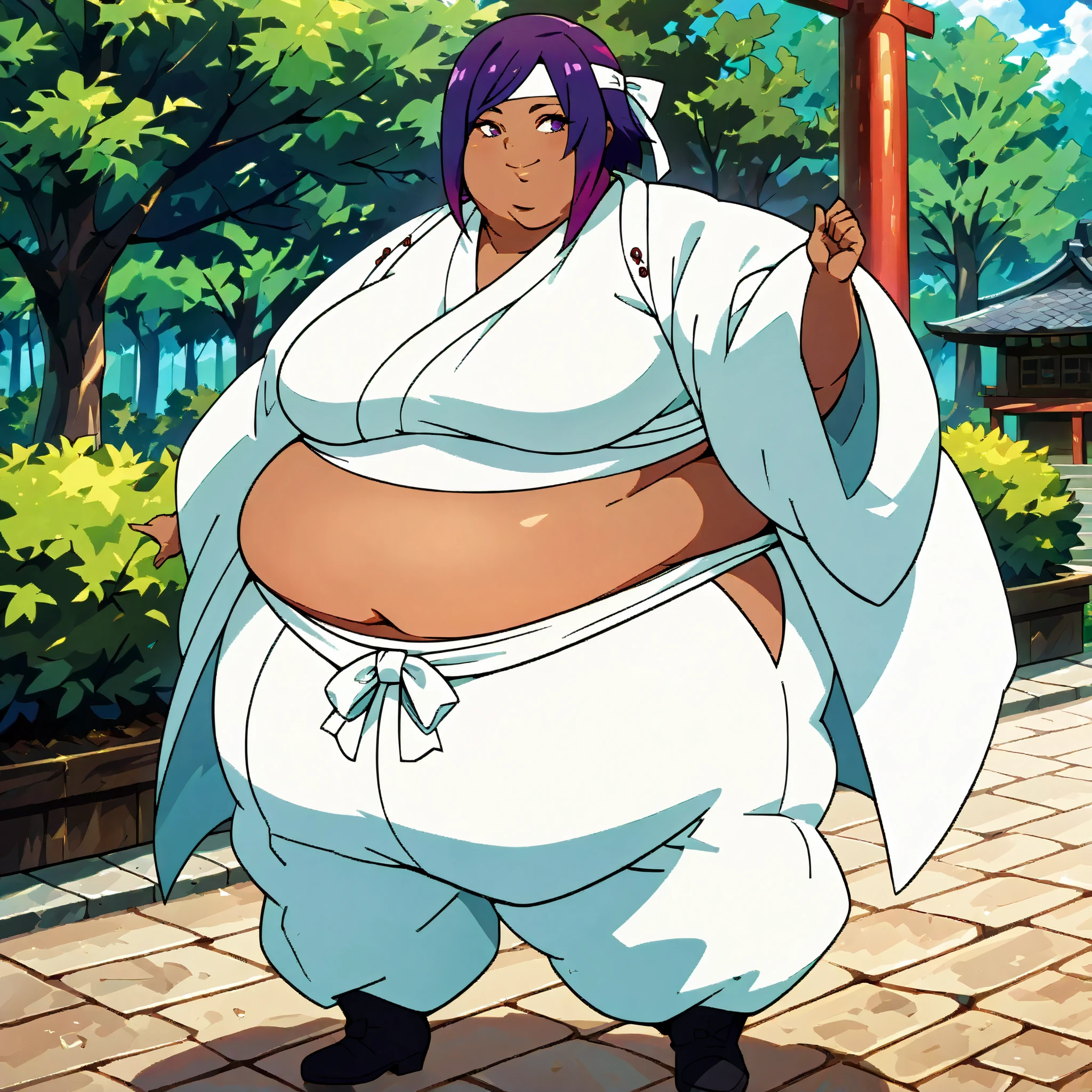masterpiece, best quality, score_9, score_8_up, score_7_up, score_6_up, outdoors, 1girl, miko, long hair, multicolored hair, purple hair, female focus, solo, dark skin, white jacket, white pants, headband, short hair, smile, black footwear, coat, crop top, midriff sarashi, sarashi, full body