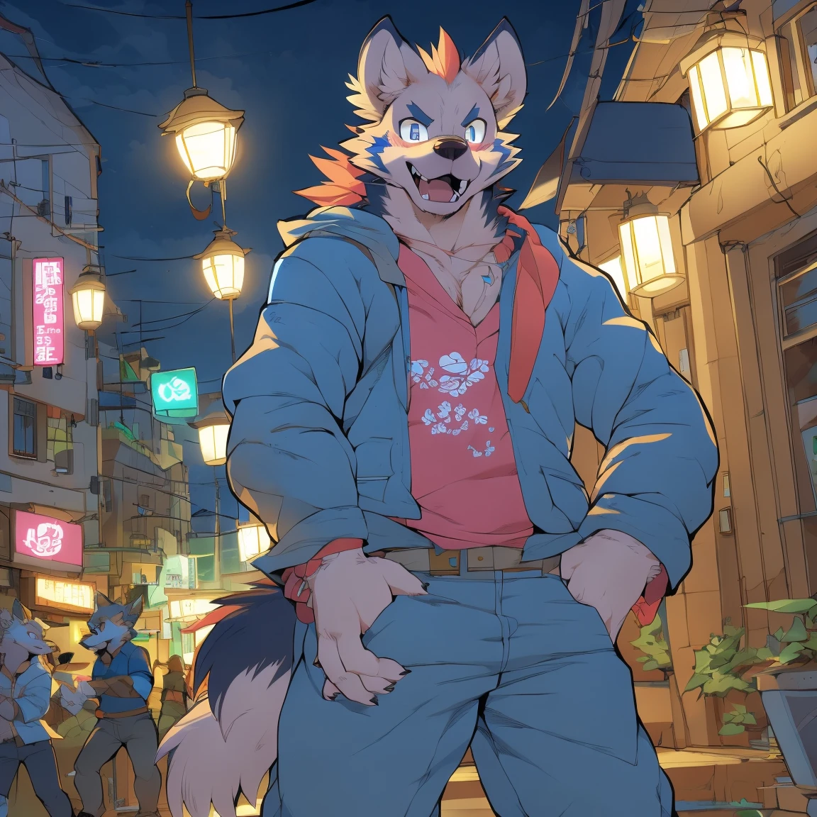 copperrtf, masterpiece, best quality, absurd res, by kiyosan, by null-ghost, furry, dog, male, muscular, solo, hoodie, pants, black pupils, black eyes, thick eyebrows, orange fur, brown fur, (scar on eye:0.9), looking at viewer, detailed fur, fluffy, tail, detailed background, alley,