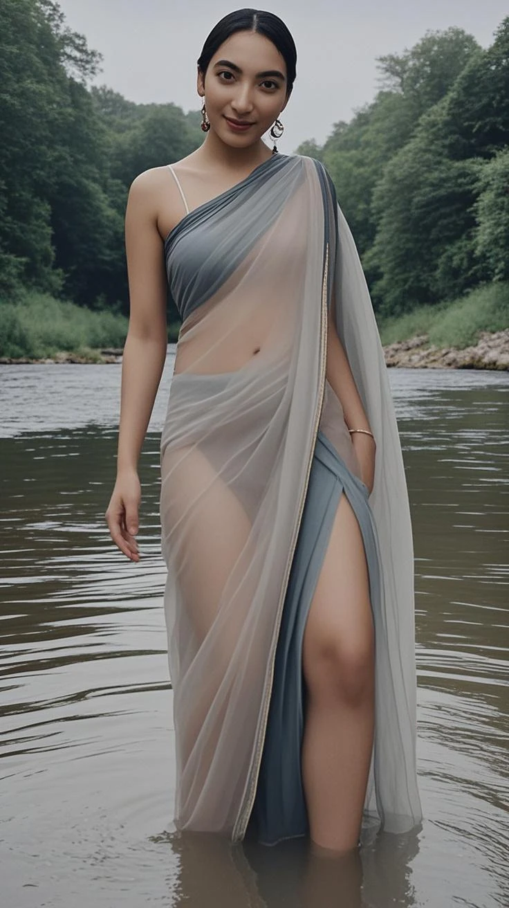 Onoff, Kerala woman in white saree, RAW photo, cute girl long shot portrait photo, smiling, saree, (desire), slim body, (sea background), (high detail skin: 1.2), 8k UHD, DSLR, soft lighting, high quality, film grain, fujifilm XT3