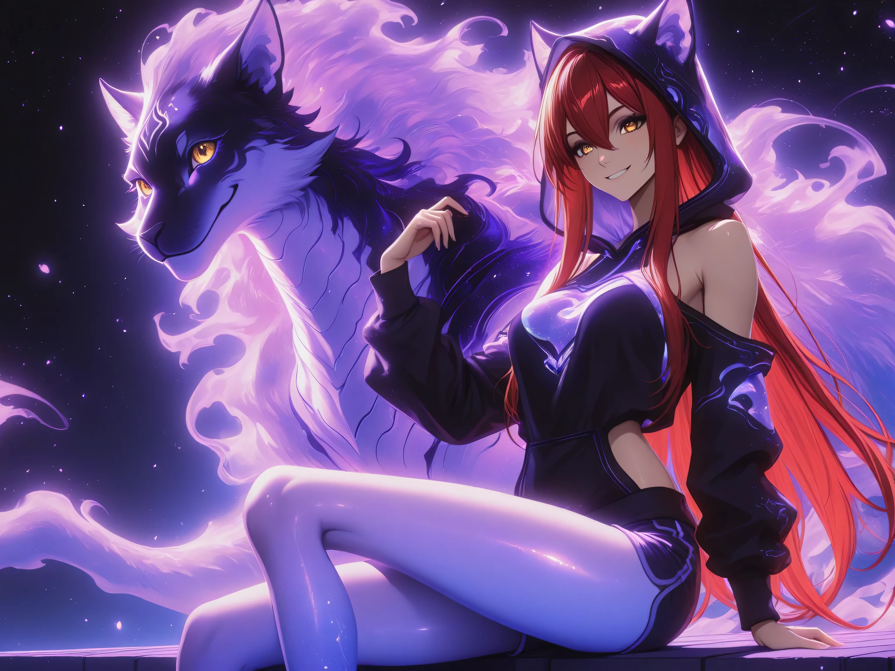 1 girl , golden eyes , very long hair , long sidelocks, red hair , petite , very cute , beautiful ,Straight hair, cool, handsome, hair between eyes, medium breast, cute eyes, bare shoulders, hoodie, shorts, cute, smiling, (( on her shoulder sitting a shadowcat, solo leveling style, black and purple shadowcat)), sitting on a rooftop, soft, pastel, purple neon aesthetic, neon colors, glowing, glow effect, vibrant colors, high contrast, fluorescent, luminescence, light effects, chromatic lighting, colorful lighting, bright outlines, neon lineart, dark background, digital art, black background, starry night,
