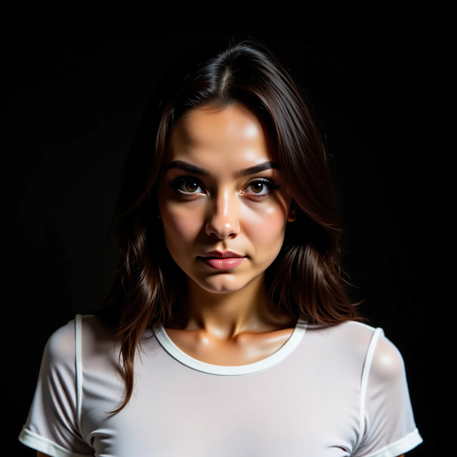 Full body 25 year old European woman, black hair gathered in two ponytails, serious, (stunning skin detail: 1.4), (Natural skin: 1.2), (pores: 0.6), compose, (detailed eyes: 1.2), black background, studio, light border, dark atmosphere, (bokeh: 1.2), photography, cinematic, photorealistic, Ultra realistic, fit girl, sporty white hooded sweatshirt , sporty white trousers, perfect figure, standing full-length, full-length, dressed, high heel shoes , ((emphasis on full-length)),RAW photoshop skin textures, 35mm, 4k textures, soft Cinematic Light, RAW photo, photorealism, photorealistic, complex, elegant, highly detailed, sharp focus, (((( cinematic-view)))), soothing tones, crazy details, complex details, hyper-detailing, low contrast, soft Cinematic Light, dull colours, exposure blending, HDR, faded, intense