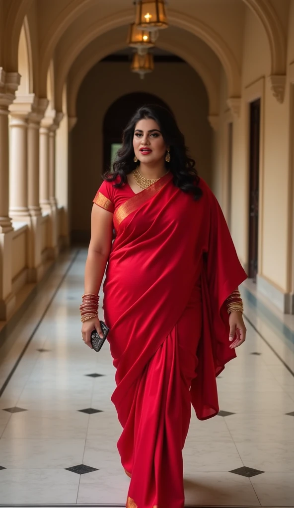 Beautiful foster Indian mom with red saree without dupatta, curvy body,big breast size, thick thighs but slim and curvy body standing in a castle
