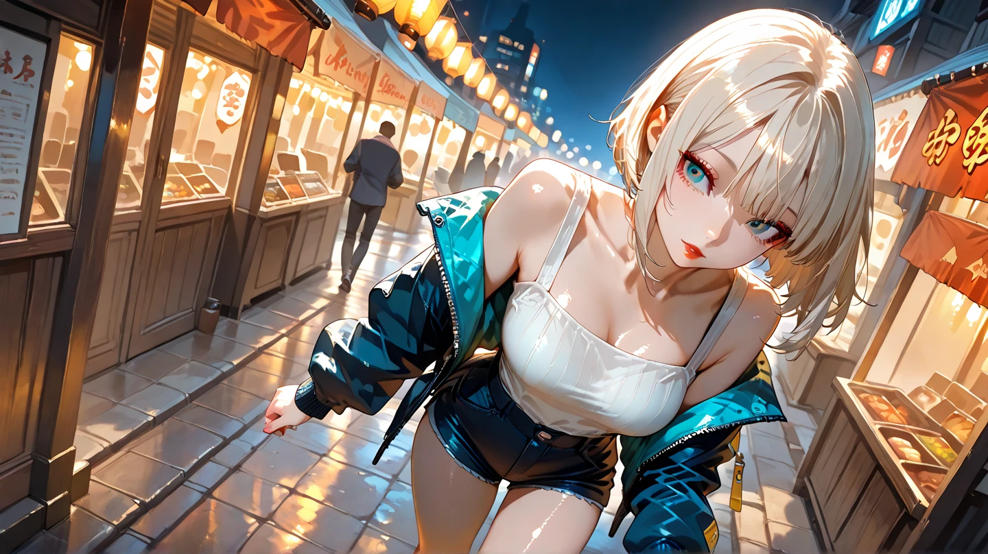 anatomically correct, best quality, masterpiece, high quality, high details, highres, HD, (shaded face:1.2), hollow eyes, dark-blue eyes, looking at viewer, gloom (expression), makeup, lips, aihayasakav4, blonde hair, side ponytail, scrunchie, solo, 1girl, night, blurry, city_lights, cityscape, large_breasts, blurry_background, bangs, breasts, asymmetrical_hair, ponytail, jewelry, blush, pants, solo, blue_eyes, swept_bangs, outdoors, jacket, city, collarbone, night_sky, long_hair, looking_at_viewer, depth_of_field