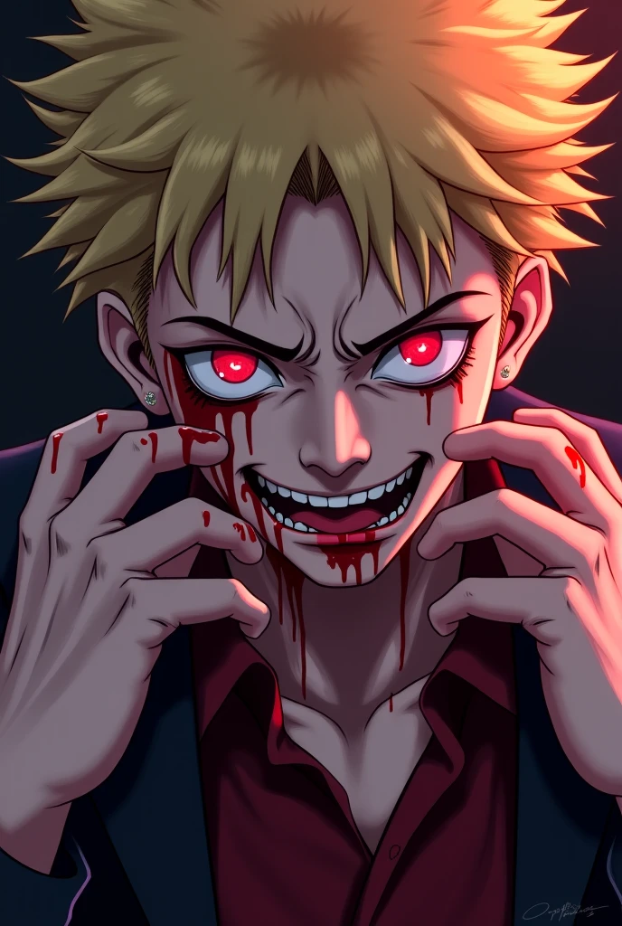 (masculine), (horrifying,shocking),blood-spattered man, male covered in blood,long flowing blond hair, , ((paled skin)) ,expressive eyes,dramatic lighting,gritty and intense,horror portrait,violent,splattered blood,dark and haunting background,close-up of face and body,bloody handprints,terrifying aura,macabre,vivid colors,high contrast, blue eyes, bloddy, masacre, androgynous, perfect face, evil smile, insane, crazy, Black coat, black suit, one young male, beautiful long hair, blond hair, blue eyes, purple victorian shirt, purple jabot, beautiful face, highest quality, wild fighting stance, blood everywhere