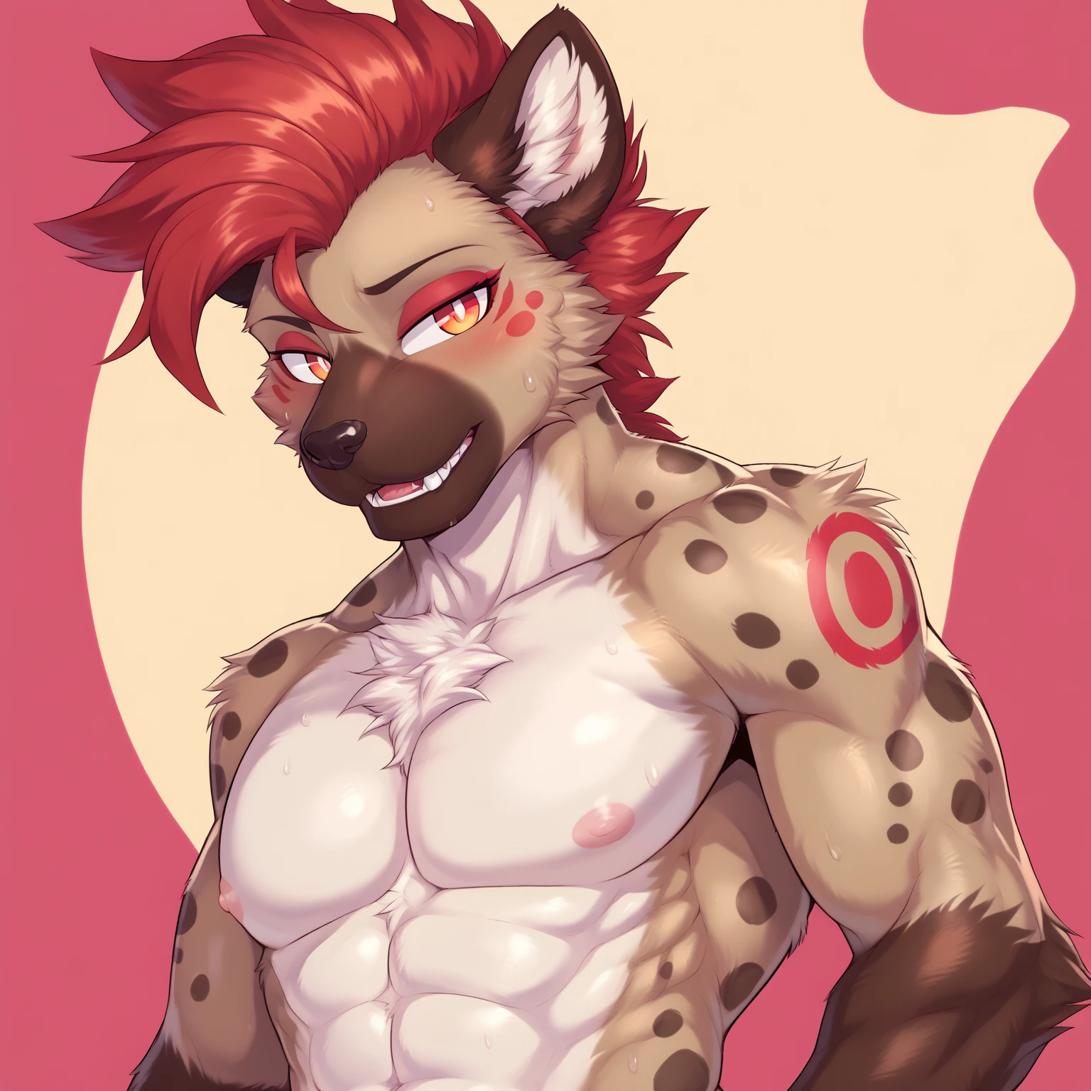 score_9,score_8_up,score_7_up, Lynx, (purple fur), purple eyes, anthro, ((medium hair)), wavy hair, purple hair, eyeliner, eyelashes, black eyeshadow, cheeks tuft, shoulder tuft, male focus, femboy, one fang, fluffy neck, icon portrait, claws, black nails, :p, frown, evil smile, neon, navel, crotch tuft, belt, (holster), leg warmers, pink clothes, nipples, solo focus, soft body, penis, hand on butt, fuzzy, paw pose, by blitzdrachin