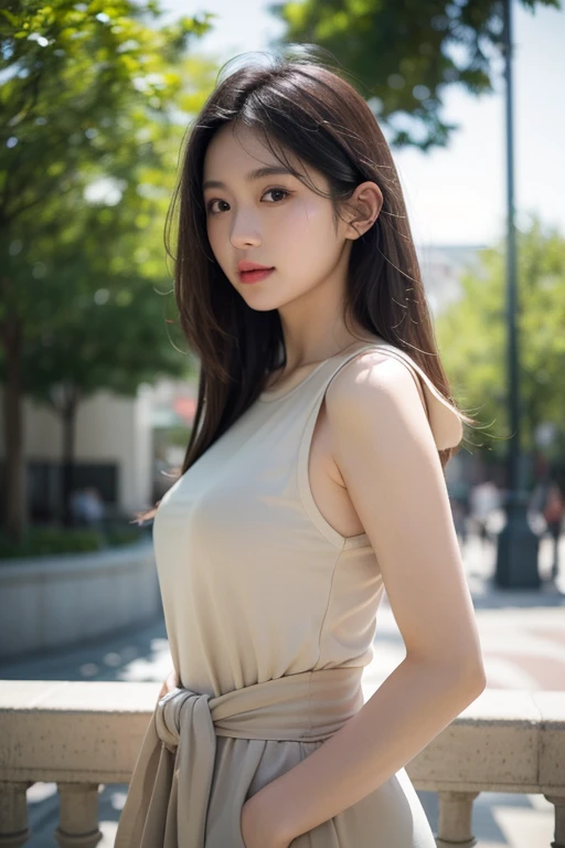 (Best quality, 8k, 32k, Masterpiece, UHD:1.2), photorealistic:1.37,Photo   masterpiece, best quality, raw photo,  uhd, 1girl,  long hair, hair shiny,brown hair, seductive, white dress, [messy-half-ponytail|bobcut] middle_parting_hairstyle, looking at viewer, on street, intricate detail, detailed background, detailed skin, pore, highres, hdr, look at viewer, from frontal, full body focus, street snaps, depth of field,  detailed details, anatomically correct,  (photorealistic, SFW:1.3), (upper body from waist framing:1.2), renaissance background, natural lighting, golden_ratio, shot on Kodak Vision3 IMAX, Fujicolor_Pro_Film,