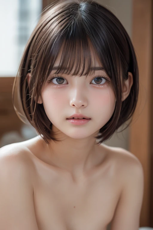 absurdres, (masterpiece, best quality), (ultra-detailed), extremely detailed,super high resolution, (Top Quality photorealistic Illustration), (Super Definition), (best quality,masterpiece:1.0),(cute illustration:1.3), (high Saturation:1.2), highres, ultra-detailed, 32k,8k resolution, intricate details, cinematic scene, detailed background, Soar (High chroma),(Sparkling),bathroom, BREAK (1 girl) (kawaii:1.6), (cute:1.6), Beautiful and delicate eyes, Delicate and beautiful face, Facial accents, Perfect figure,(open shirt:1.6), (show off nipples:1.6), (exposing bare breasts:1.3), (exposed chest:1.3), (medium breasts:1.3), (small areolas:1.4), Uniforms、bright expression、short bowl cut、Young shiny shiny white shiny skin、Best Looks、Natural black hair with dazzling highlights、shiny light hair,、short hair, silky straight hair、Beautiful bangs that shine、Double eyelids、eye liner、Glowing crystal clear attractive big brown eyes、Very beautiful nice cute 14 year old Nordic girl、