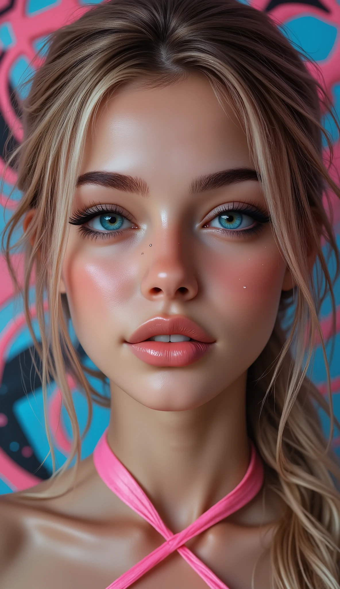  Realistic, (Photorealistic realism), ((ultra quality, extremely detailed digital art)), ((focus on extremely Realistic Proportion Body, Anatomically Correct:1.2)), Beautiful Girl, "ultra details Eyes: (acid-resistant terminology) (macro-details:1 . 5): * Moist corneal surface (visible aqueous layer:1 . 2) * Hyper-detailed iris stroma ((brown) with gold flecks) * Precise limbal ring (slightly darker pigmentation:1 . 22) * Pupil micro-texture (irregular edge authenticity:0 . 9) * Vasculature in sclera (subtle red veins radiating from limbus)" - "Lashes: blue individual synthetic fibers (crosshatched roots:1 . 2 , clump-free separation)" Technical Specs: (Optics: - "Zeiss Otus85mm f/1 . 4 lens (eye refraction calculations:1 . 3)" - "Shutter Speed:1/500 (freeze eye micro-movements)" - "Focus Stacking:7-point coverage on iris plane") (Post-Processing: - "Frequency separation for skin vs eye details" - "Selective sharpening: eyes200% , hair80%" - "Denoise: luminance20 , color35 (retain corneal speculars)") (Avoid: "pupil distortion , uncanny valley asymmetry , plastic-like wetness") UHD, perfect female body, {((Beautiful long legs in good style:1.35))}, ((no bra, no panties:1.3)), (medium butt), (skinny body build),(perfect hot model body:1.4), ((slim belly: 1.2)), (muscular body), (Beautiful bikini, made of PVC ribbon), ((Micro Slingshot Swimsuit: 1.25)), ((Wear Micro Sling Made of ((ultra Narrow,, Sparkly neon)), Tight, PVC Ribbon: 1.3)), ((dark Hair,Long Hair,two side up,Crossed bangs,between hair)), arms tattoo,((micro skirt)),angelic cute face,white teeth, perfect beauty, long eyelashes, neon pink lips, oiled skin (psychedelic background, paranoia background),