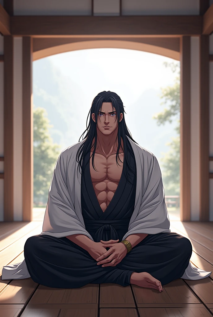 (masterpiece, best quality:1.2), 1male, solo, jiang cheng, mo dao zu shi, mdzs, purple eyes, long black hair, perfect anatomy, in chinese traditional room, pants only, no underwear, nudity, nude, sexy, full body, smile