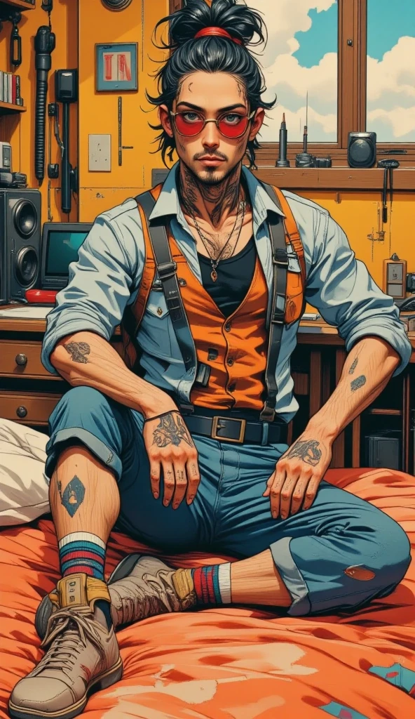 pale skinned athletic male with messy white hair hanging over his face, wearing punk jacket, wearing punk pants, wearing collar, has pointed pierced ears, grungy, solo, alone