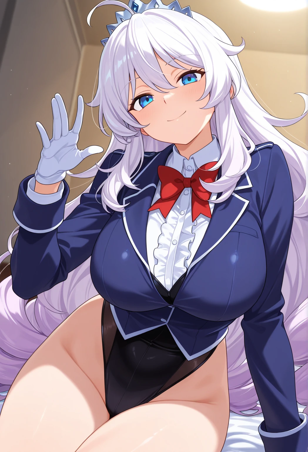 anime art style, 2d, masterpiece, best quality, very aesthetic, absurdres, dynamic shadows, atmosferic, alisa_mikhailovna, (1girl), (grey hair), long hair, blue eyes, detailed eyes, ahoge, hair between eyes, bangs, medium breasts, curvy body, makeup, ((intense blush)), cleavage, collarbone, grey jacket, open clothes, white bra, white panties, red bowtie, loose bowtie, red hair ribbon, white thighhighs, (sexy smile), (cowboy shot), lying, looking at viewer, on bed, shy, v