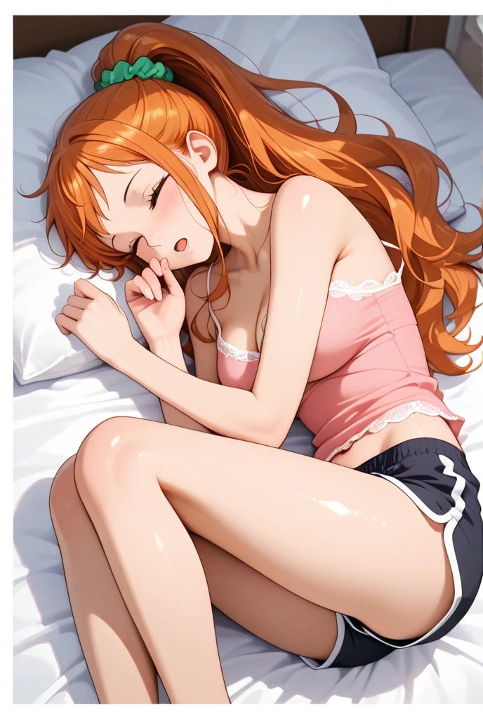 1girl in、hight resolution、​masterpiece、Alena \(DQ4\)、Orange hair、A slender、well-muscled、Short stature、PILLOWS、a bed、(((sleeping with drool、Sleeping、Hand down、bustier with embroidery、white panties with embroidery)))、skinny thigh、Focus on the thighs