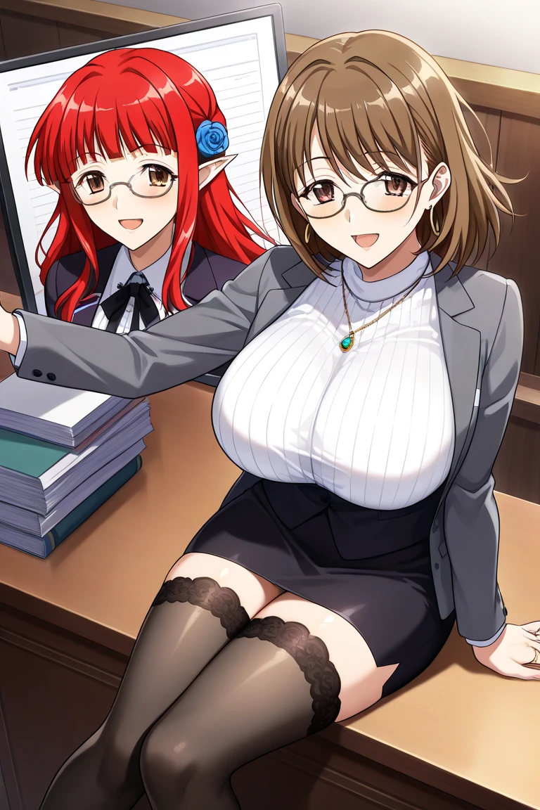 (masterpiece), (best quality), (high res) (solo), (perfect anatomy) (perfect face), (orange hair), (long hair), pale skin, (1boy1girl), massive chest, big breast, wide hips, thick thighs, narrow waist (skin tight office suit), round eyeglasses, freckles on face, freckles on shoulders, freckles on chest, blue glowing eyes, brushing, (long eyebrows), in a club, drunk, teasing, in a wheelchair