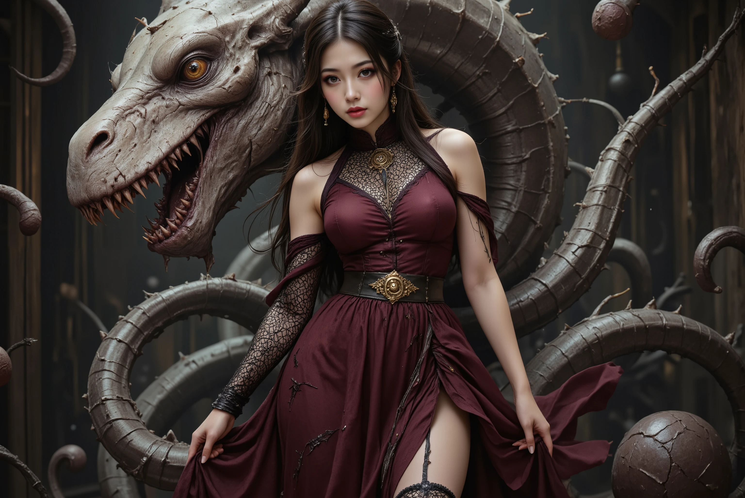 a beautiful lady standing gracefully in front of a majestic dragon, water pouring around them, gongbi style painting, mysterious and dreamlike backdrops, unreal engine 5, smooth and curved lines, photo-realistic, 1girl,detailed face, beautiful detailed eyes,beautiful detailed lips,extremely detailed face, longeyelashes, flowing dress, serene expression, dramatic lighting, intricate details, vibrant colors, cinematic composition, 8k, highres, masterpiece, ultra-detailed, realistic, photorealistic