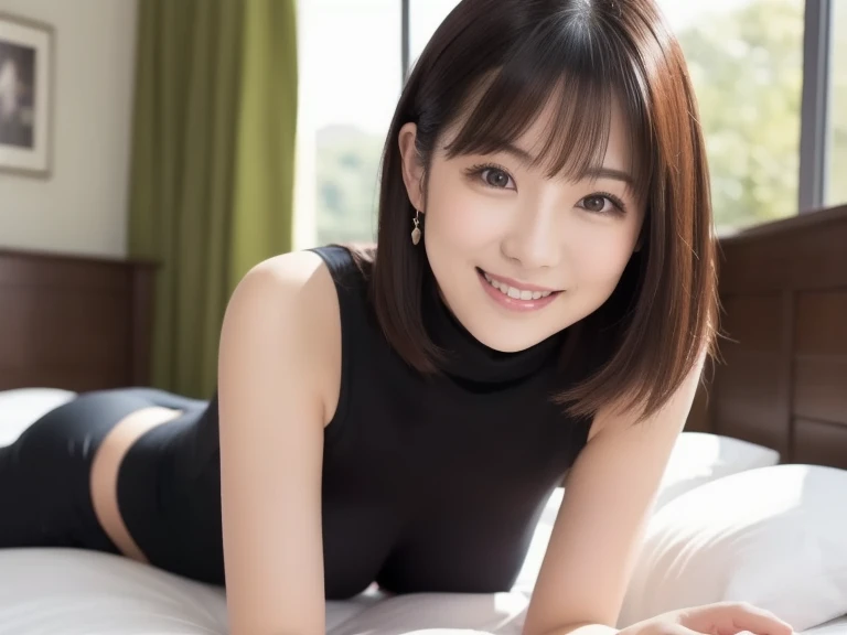 Echiechi, Constricted body, Rumor, adult woman, 20th generation, beautiful detailed eyes, short bob hair, clavicle, best quality, masterpiece, Layer Bob Hair, Moist eyes, Pixie Cut, Awesome pose, long eyes, brown eyes, brown eyes, smile, smiling, real, glossy lips, Chubby lips, Japanese, natural makeup, Kaede Fua, small ass, slender face, professional lighting, cowboy shot, indoor, hotel, miniskirt, Winter clothes, selfie
