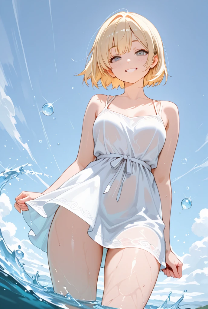 Cute girl in swimsuit(original bikini swimsuit)(Small body) (Girl:1.5), (blonde:1.5)(eyelash:1.2)(eye shadow:1.3) (blue eyes:1.5), (Beautiful details:1.4) (Short Bob Hair:1.4), (blue eyes)(Big Breasts:1.3) (White skin:1.2)height: 130cm, original character, Fantasy, View Viewer Art: (美しい深い瞳を持つGirl. The depth of field in the photo is perfect、Lens flare creates a nice atmosphere. The details of her face really stand out, This photo is definitely a 10+... background, There is a beautiful sea with crystal clear water and floating water droplets. I was embarrassed and panicked.