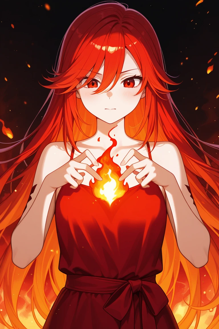 (((((red crimson hair)))), long silky hair, thick eyelashes, ((((large purple eyes))), glowing eyes, blue colored pupils, wearing a black tank top, with exposed shoulders, medium bust, tattoos, flame-shaped earing, upset facial expression, gothic, emotional depth, burning background, glowing background