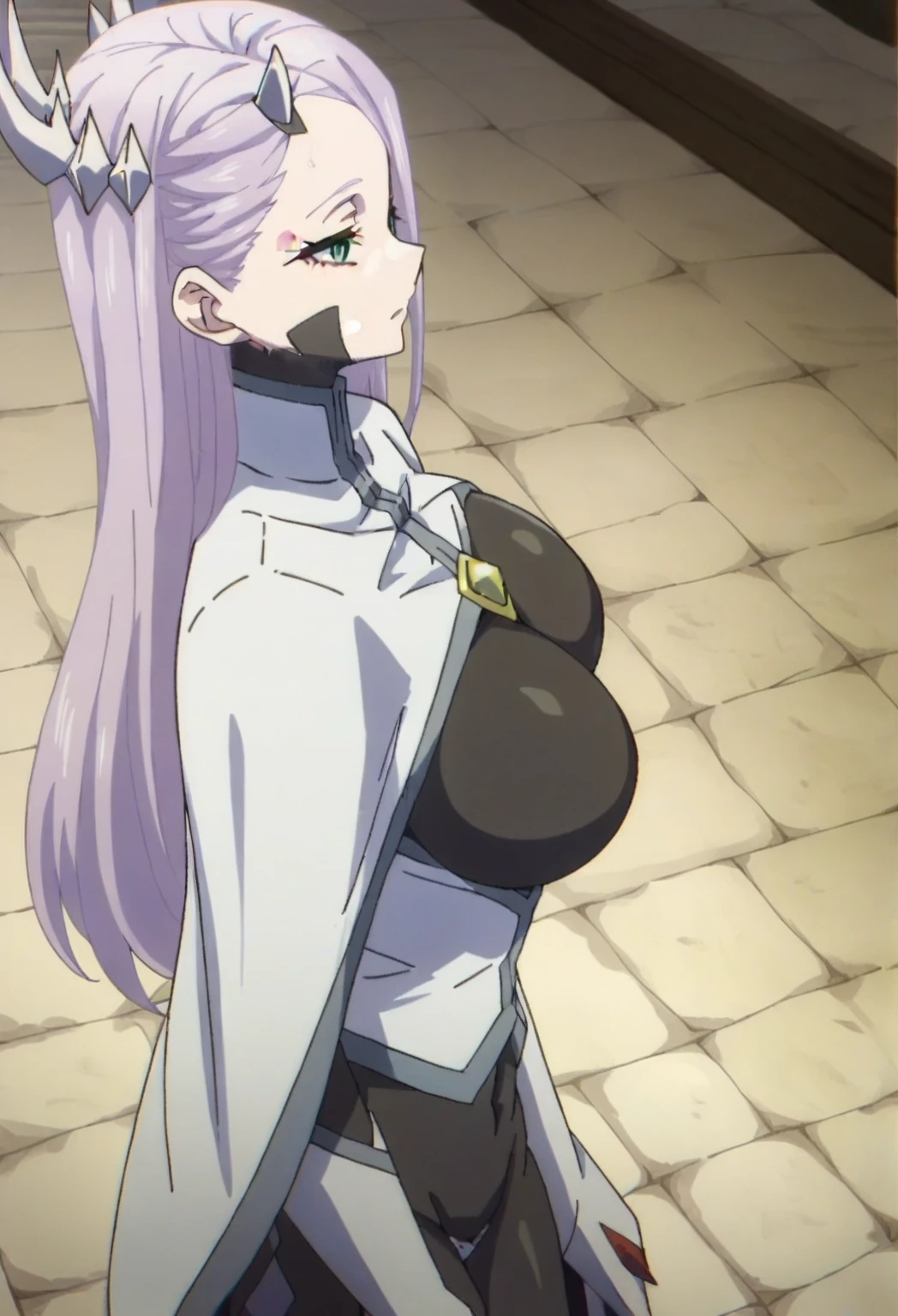 Urd, 1girl, solo, looking at viewer, smile, goddess outfit, bare chest, navel, detached sleeves, gloves, cape, high skirt slit, standing, perfect quality, good quality, masterpiece, HDR, UHD