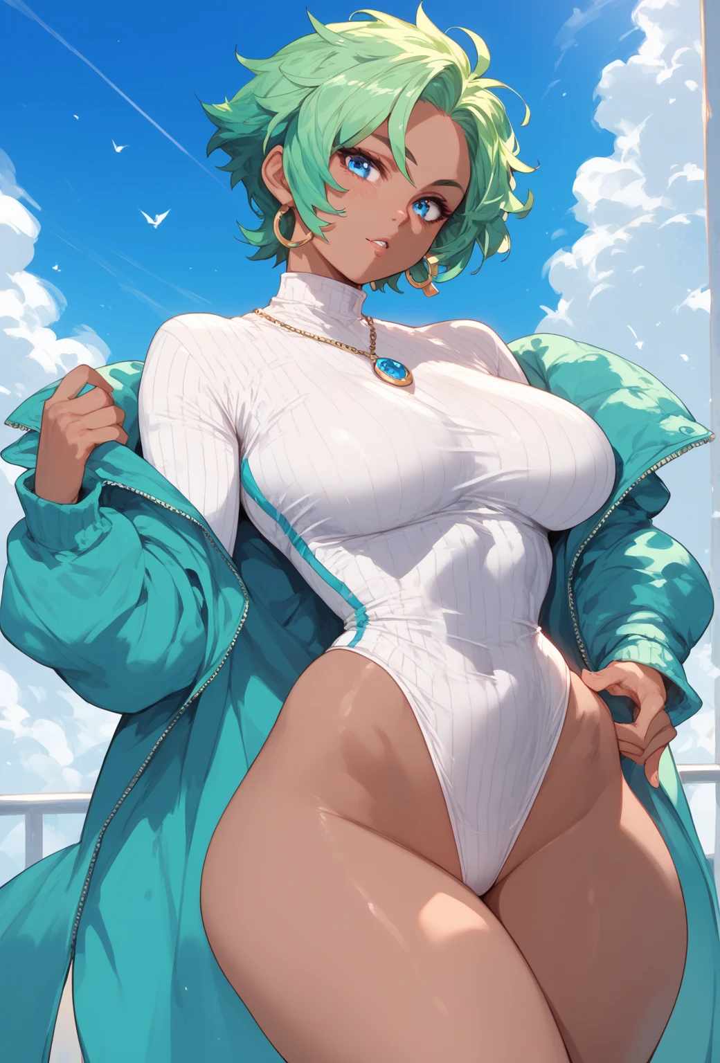 (masterpiece, best quality:1.2), cowboy shot, solo, 1girl, tatsumaki, lustful, closed mouth, looking at the viewer, ass, wide hips, t-shirt, short shorts, blue sky, clouds, erotica, groin neckline