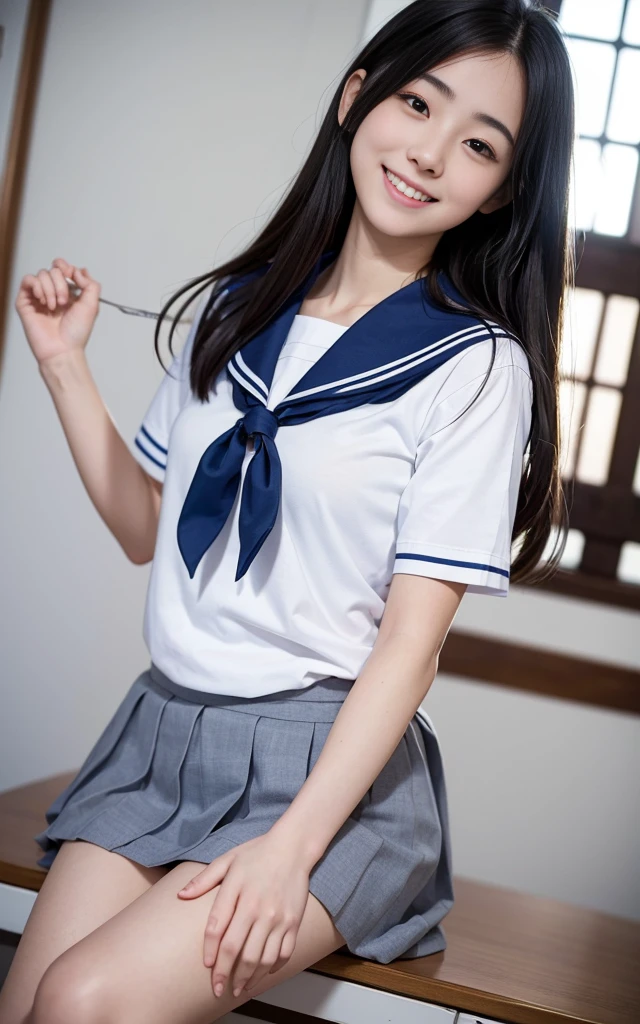 grab the hem(masterpiece,highest quality,ultra high resolution),japanese girl, ponytail:1.1,twin tailsが魅力的:1.05,very beautiful 10 year old girl),Naïve girl、(perfect limbs、perfect anatomy),(Junior high school sailor suit:1.3) ,、 (strong wind, Blowing on clothes and skirts:1.6),ponytail:1.3,twin tails,amazingly cute 、Wearing Japanese school uniform、japanese school uniform、surreal 、dressed like a high school girl、surreal 、wearing a uniform、girl in uniform、wearing a uniform、 stop temporarily、Full body Esbian、nice skin、glowing skin、nice thighs、Shining thighs、shining legs、black high socks above the knee、Japanese high school 、beautiful skin、Moist eyes、brown shiny hair、Colors and landscapes of youth、feeling of love, embarrassing smile, go to school, morning, Sheer, Wet,(((lift up the skirt)))、camel toe、A girl with an extremely cute young face、(Perfect and beautiful pussy line of a young child:1.2)、thin body,thin legs,立ち姿で紺色のプリーツスカートのgrab the hem持ち上げる,very small face,from below、(((A girl with the face of a very young :1.3)))