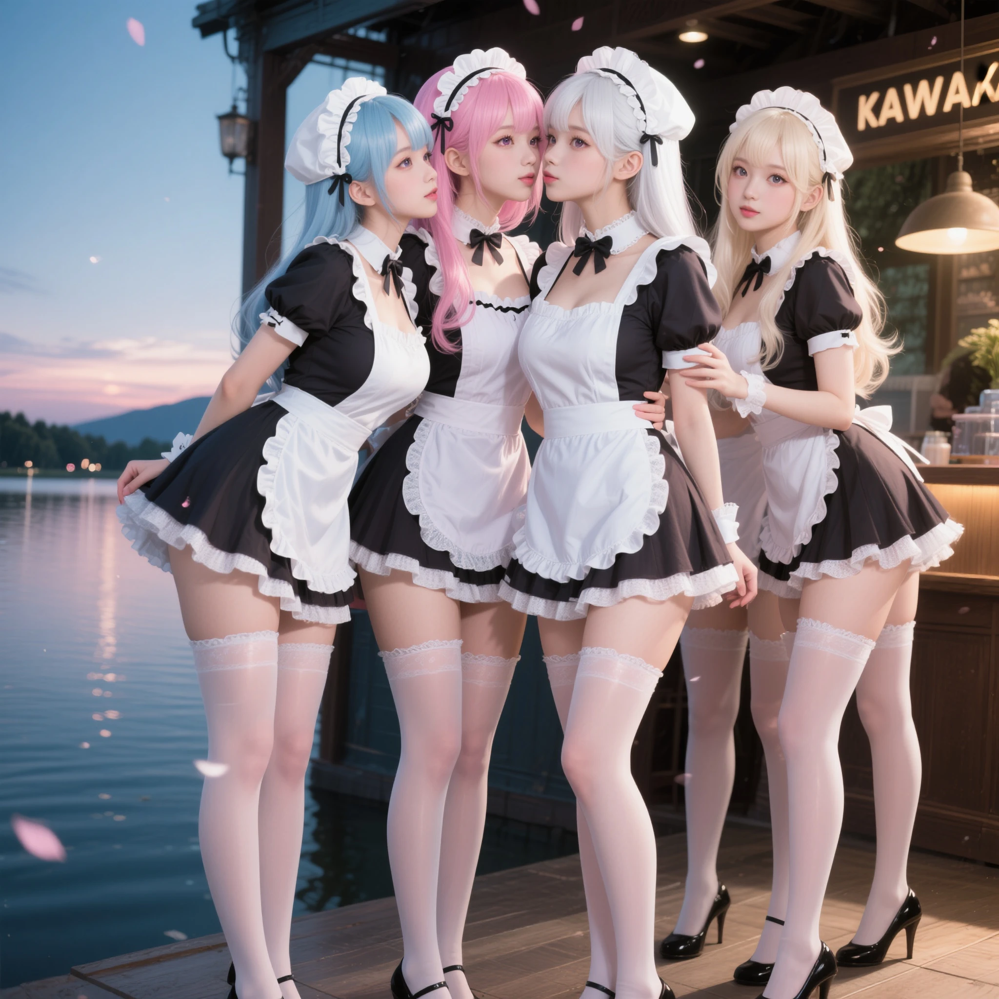 (Extremely Detailed((Sexy Maid Group in a row:1.37))), KAWAII perfect face, Reflective Eyes, Detailed(Delicate Clothing textures), Correct Attractive Leg Line, Dynamic Joyful Expressions LifeLike Rendering, Specular Reflection, TopQuality 8K Ultra-detailed masterpiece (ProfessionalPhoto:1.37), (Acutance:0.8), (Luminism:1.28), Sparkling water surface with Reflection and Refraction (((Bathing in the Lake) Petals Dance) Colorful Horizon), Starry Light particles, ((Full body from side)), {Kissing|Thigh Gap|Cute Peach AssFocus|(NakedApron with Overflowing SideBoob)}, Radiant Fine Skin with Transparency, (Exposed:0.4) {Pure White Hair|Pink Hair|LightBlue Hair|Blonde|Liquid Hair|(Red Tie)}, Perfect Lighting