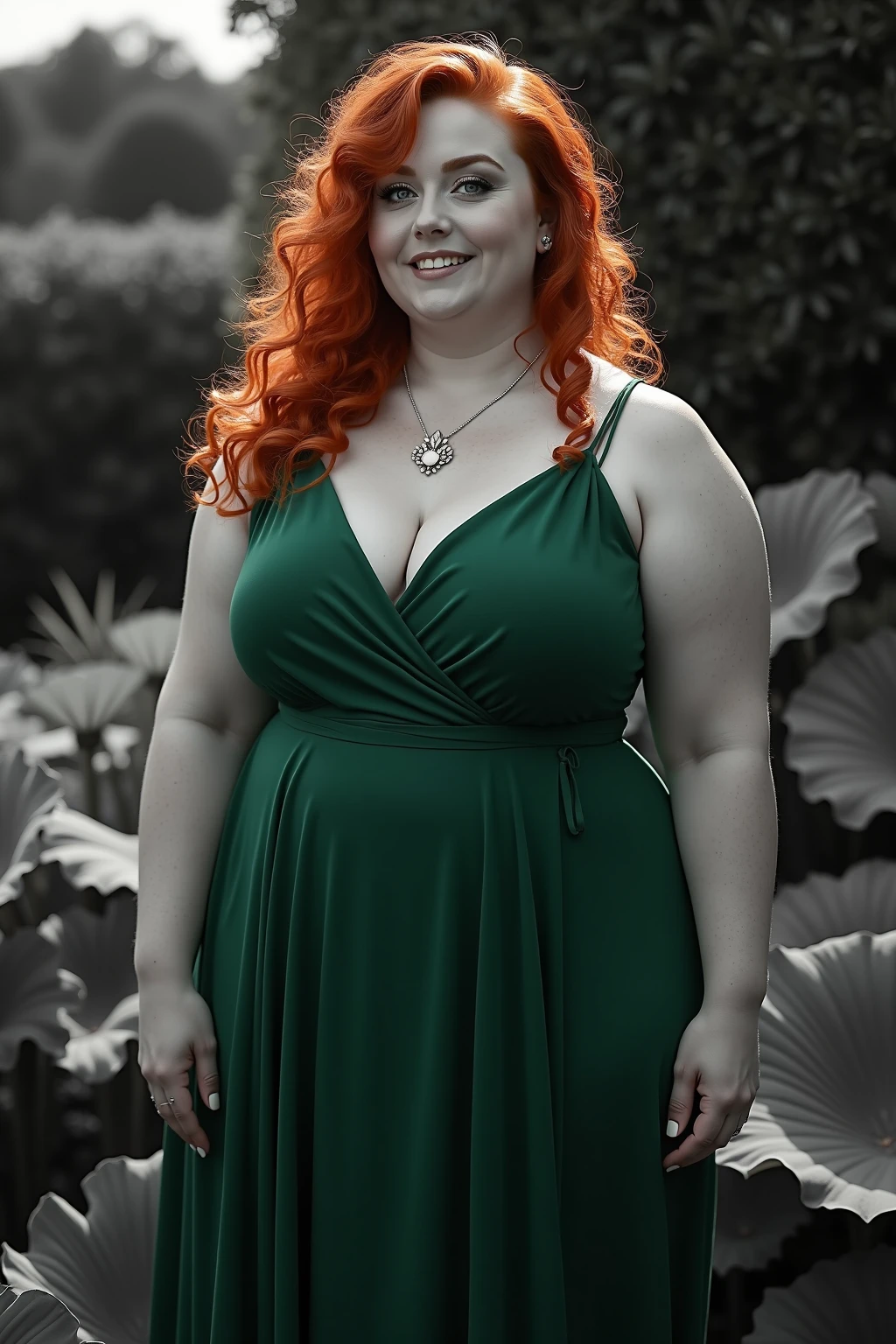 Full body shot of a beautiful redhead with a curvy tall body and large breasts. Wearing a slimpy green lingerie outfit. Wearing green high heel shoes. Standing in a large field of mature marijuana plants