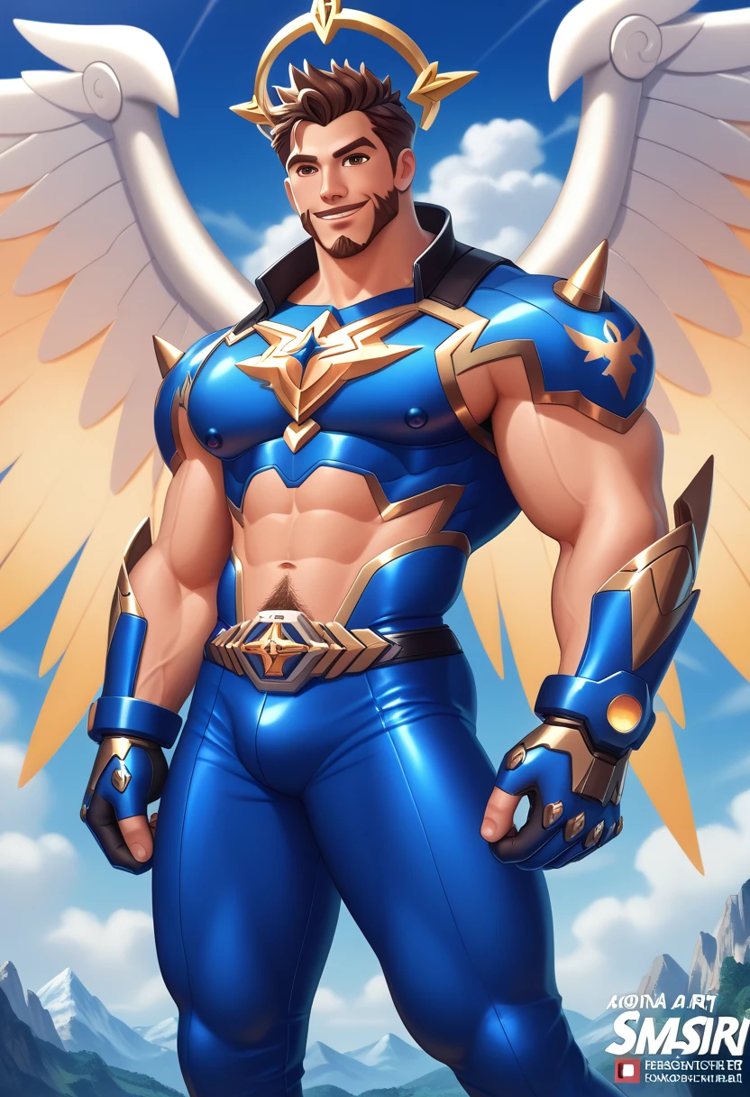 (nonsense, High resolution, very detailed, HDR), Masterpiece, best quality, A drawing of a boy, handsome man with red eyes, detailed face, professional photos, An Arav man enters the fight shirtless., Fight comfortably，legs open, (Swollen nipples(from below:1.1)), Focus on your audience,18 year old boy, handsome man, [ well defined body ]，abdomen，chest muscles，Big bulge，angel，wing，feather，cloud，cloud,((((Convex crotch)))),He was wearing blue crystal boots with a gold pattern.,wearing a crystal necklace,Wear tight shorts.
