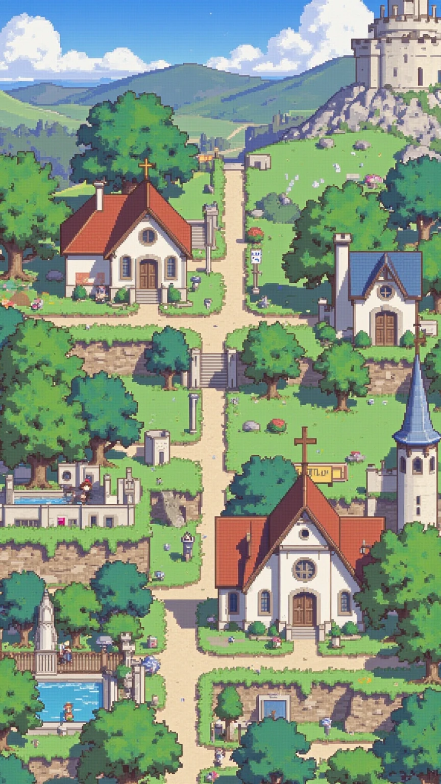 🗺 16-bit RPG-style mapping：
good old game scenery、Private house、shop、church、Hotel、Castle、