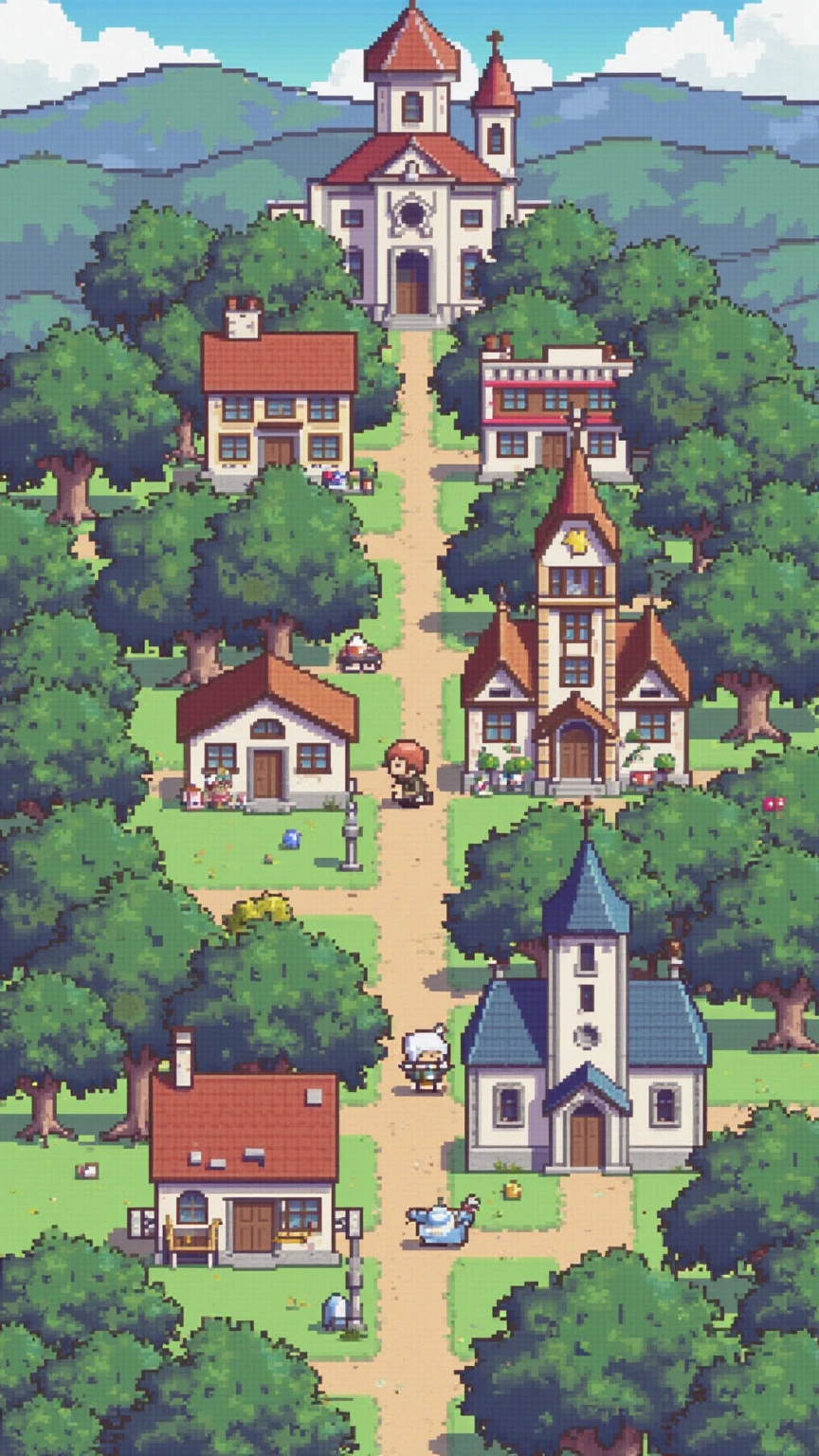 🗺 16-bit RPG-style mapping：
good old game scenery、Private house、shop、church、Hotel、Castle、