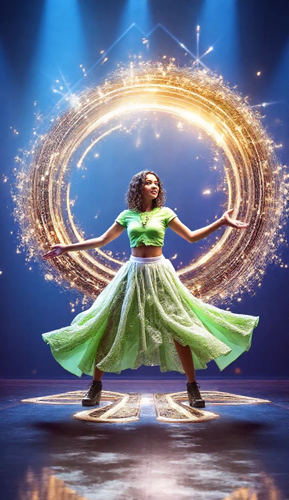 Create a hyper realistic image of a figure resembling a dancer with a vibrant, flowing dress that forms the shape of a heart. The dress should have bright colors like yellow at the base transitioning into various other colors such as pink, green, and blue towards the edges with arms extended to accentuate  Include ornate patterns and swirls on the dress to add detail and texture, as well as subtle sparkles to give an impression of lightness and magic. background dark. hd