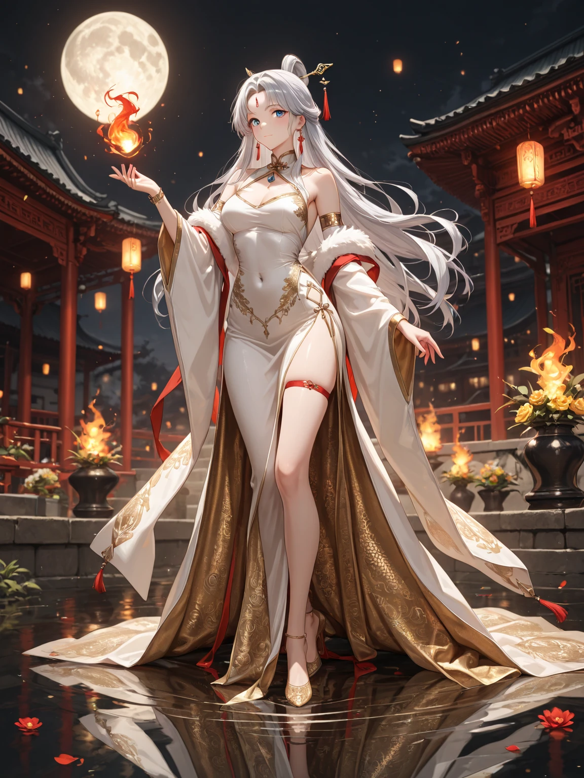 Early in the morning, white long hair, a beautiful girl lying on the table, delicate face, smiling, wearing Hanfu, delicate patterns on the clothes, long hair shawl, open chest dress, long eyelashes, lip gloss, red eye shadow, bare feet, Silk long sleeves, pale skin, masterpiece, best, 8K, big breasts, delicate gold hairpin,