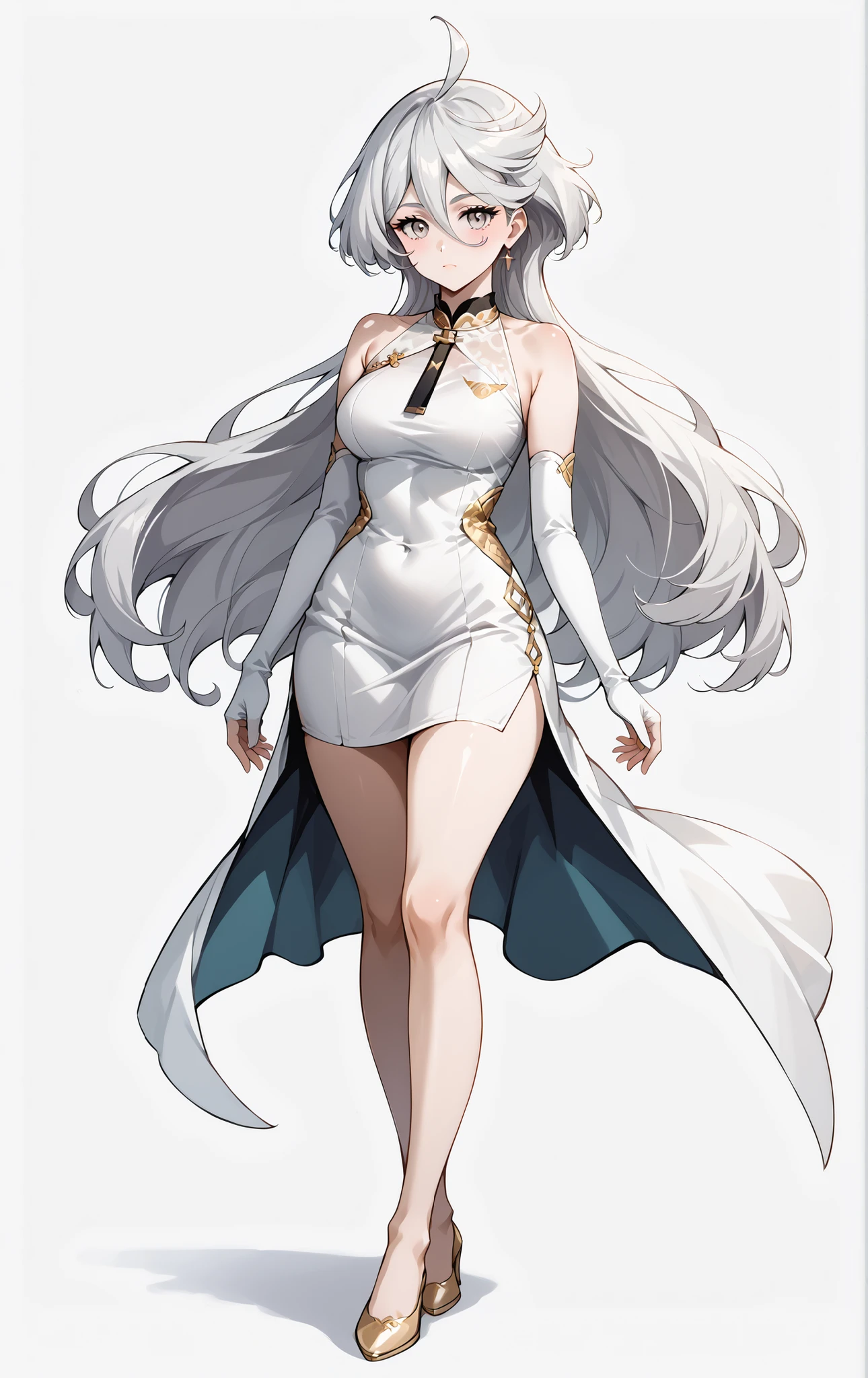 Master anime works，An impeccable masterpiece，8K picture quality: A mature noblewoman standing on solid color background in cool sexy clothes，Female boss，Flowing silver hair，Full-body standing，Slender legs，Straight breasts，Detailed facial details，Naturally beautiful standing，Vivid and authentic body details