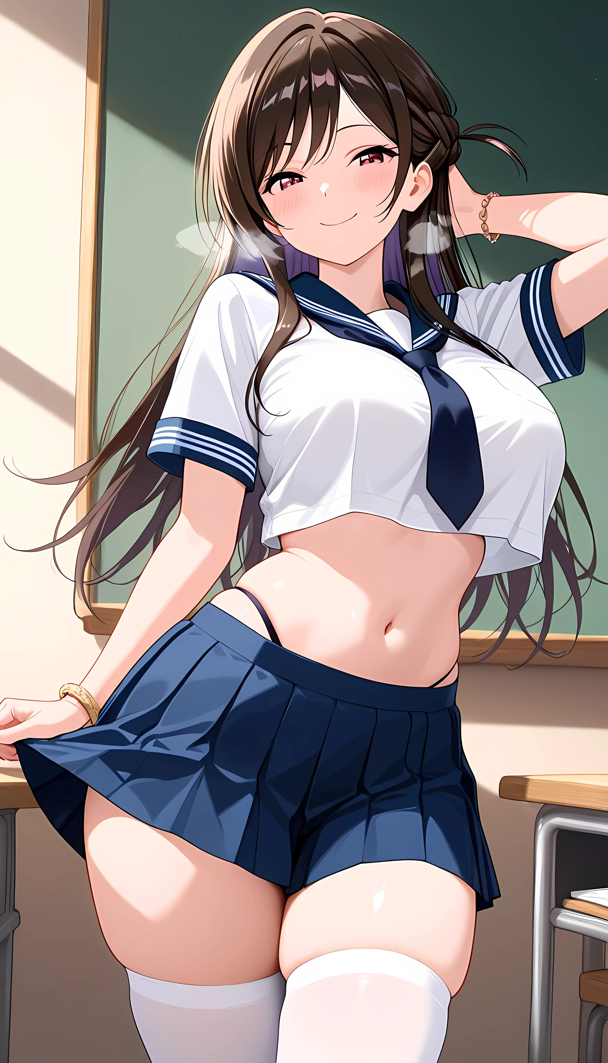 chizuru ichinose, side tie up, masterpiece, best quality, highres, chi1, 1girl, long hair, solo, bracelet, bangs, 1girl, solo, skirt, chalkboard, breasts, school_uniform, thighhighs, navel, crop_top, large_breasts, smile, long_hair, looking_at_viewer, serafuku, blue_skirt, pleated_skirt, white_thighhighs, midriff, bangs, indoors, classroom, sailor_collar, thighs, crop_top_overhang, short_sleeves, skindentation, shirt, miniskirt, cowboy_shot, necktie, closed_mouth, zettai_ryouiki, white_shirt, stomach, sensual pose, from aside, standing, hand on back head, thong, , heavy breath, seductive smile, blush, m pose, underwear, navel,