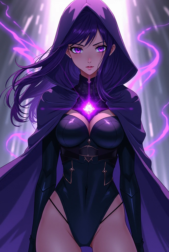 A beautiful woman, large breasts, black clothing, black clothing covering the body, tight clothing, long blue hair, a majestic black cape with a purple background, psychic powers, evil eyes. Shiny Lips, Black eyes